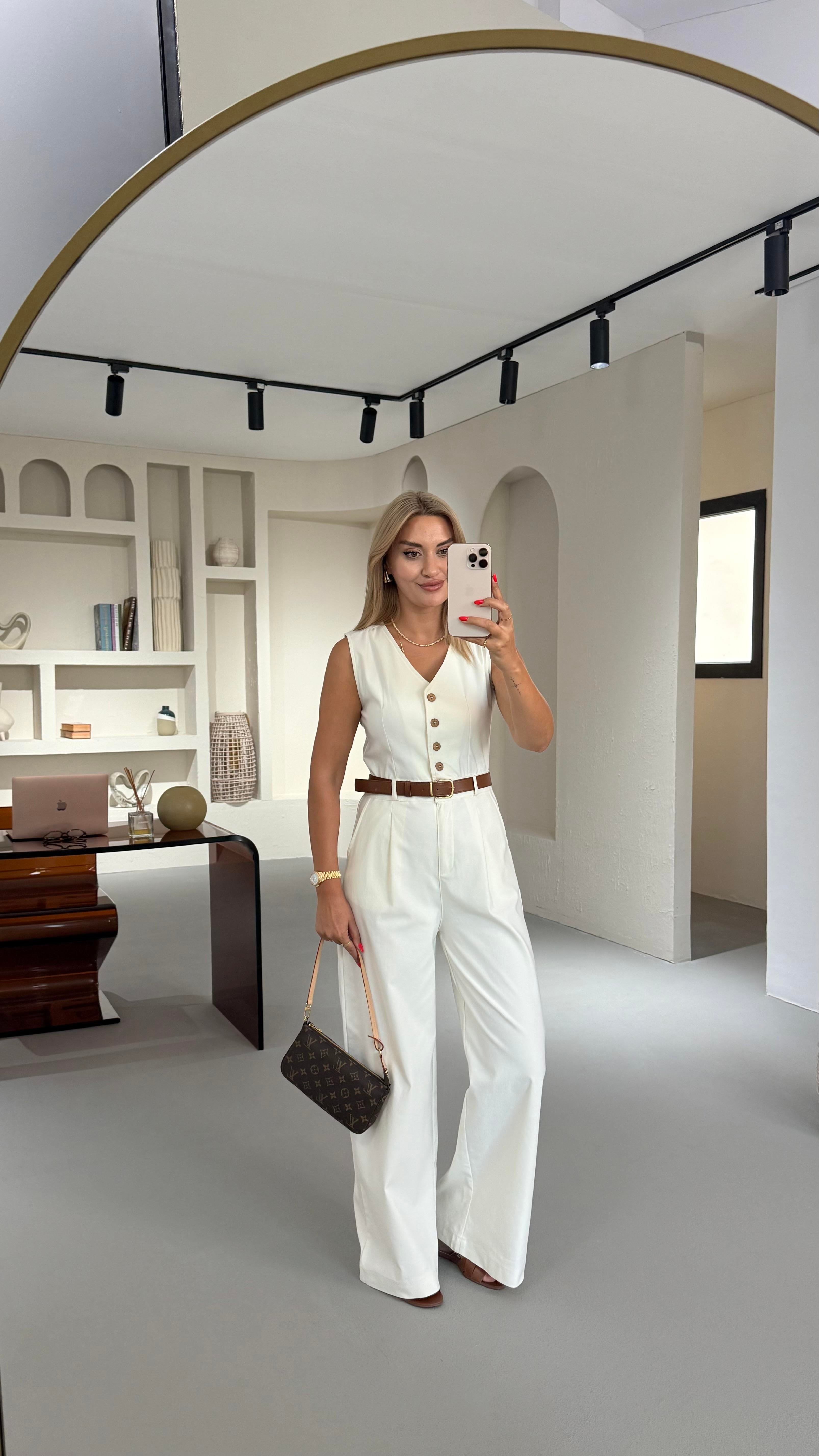 Kemerli Düğme Detay Ekru Denim Tulum