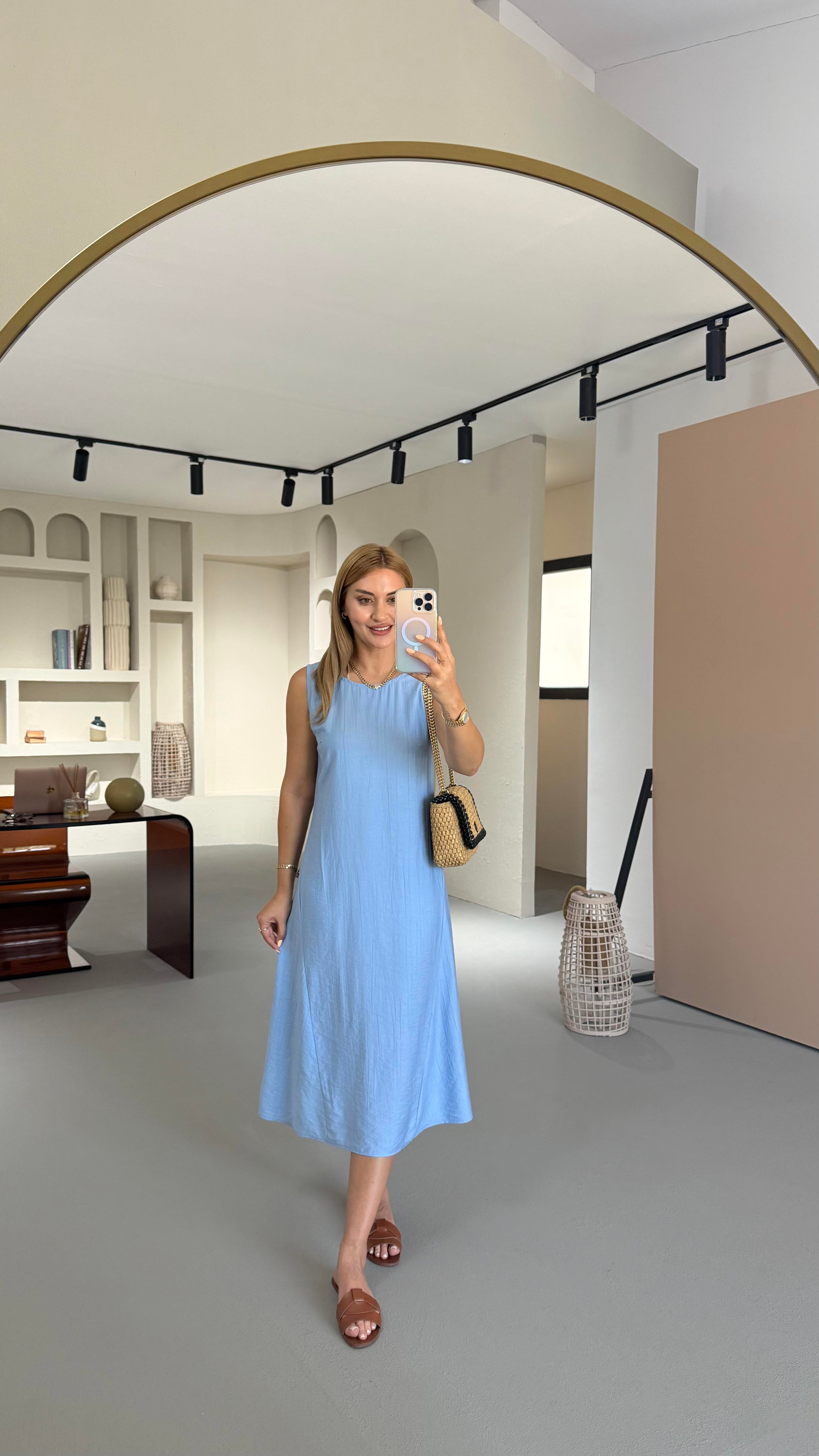 Kırınkıl Doku Bebek Mavi Midi Elbise