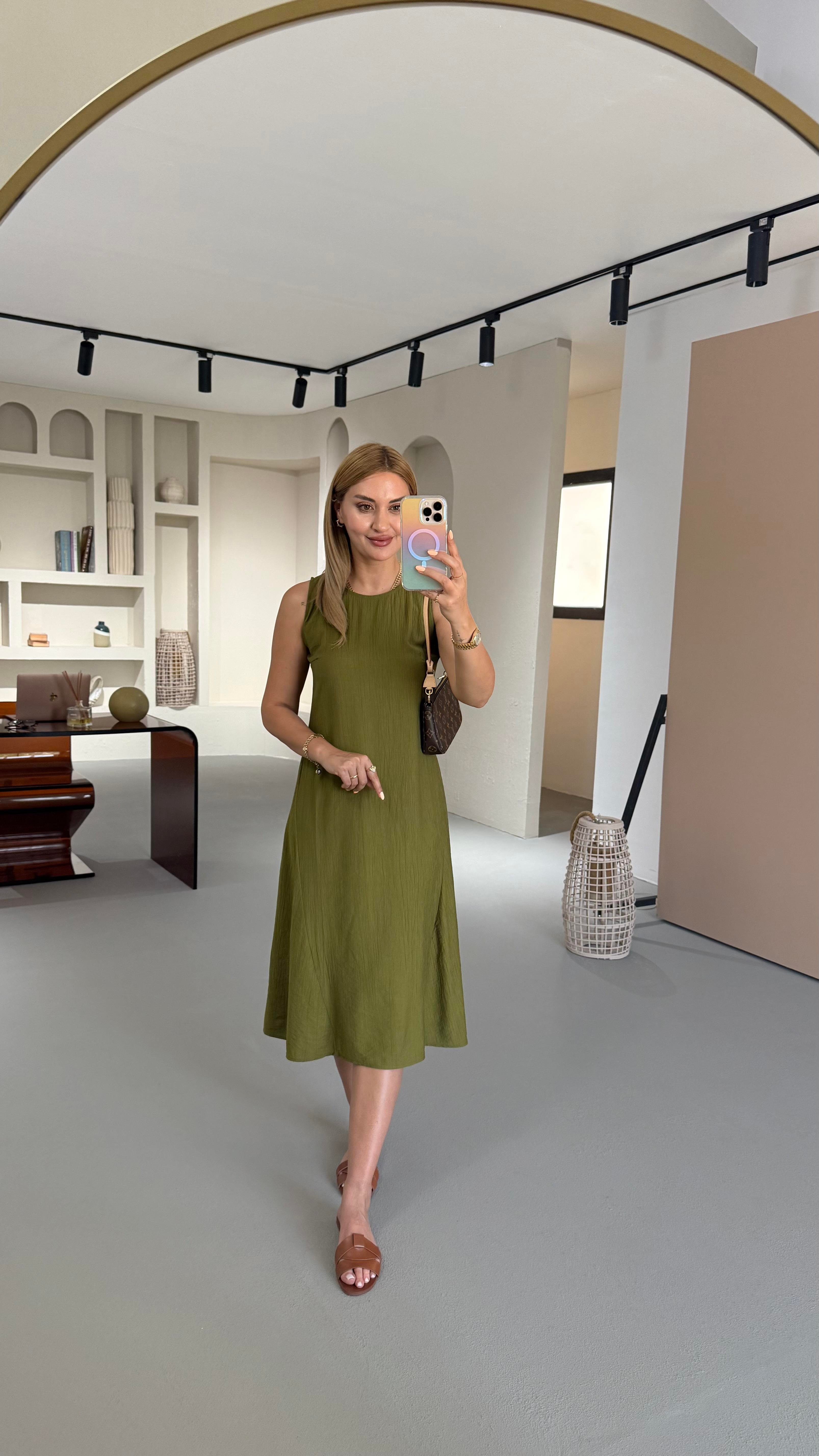 Kırınkıl Doku Olive Midi Elbise
