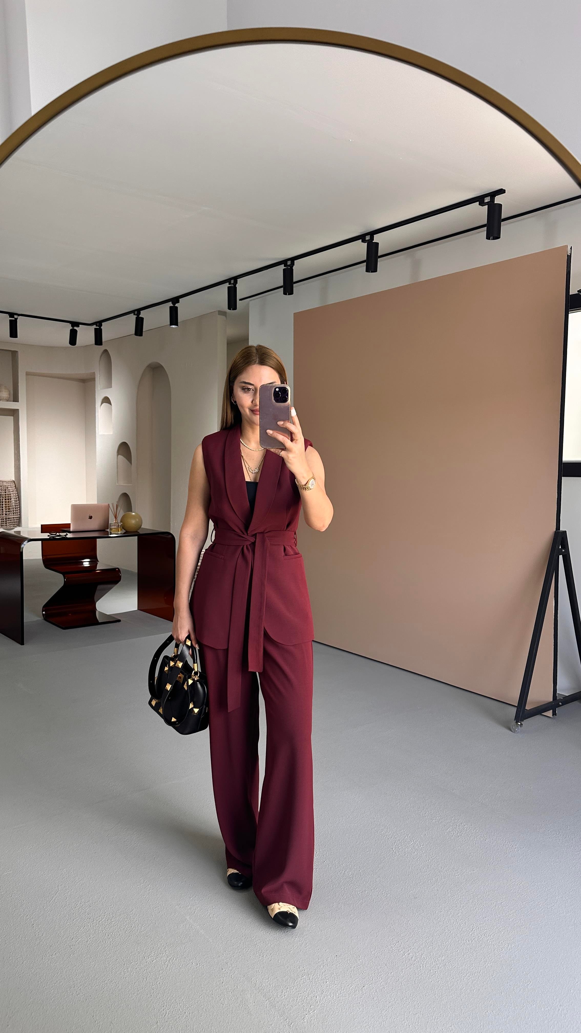 Kuşaklı Yelek Beli Lastikli Palazzo Pantolon Bordo Takım