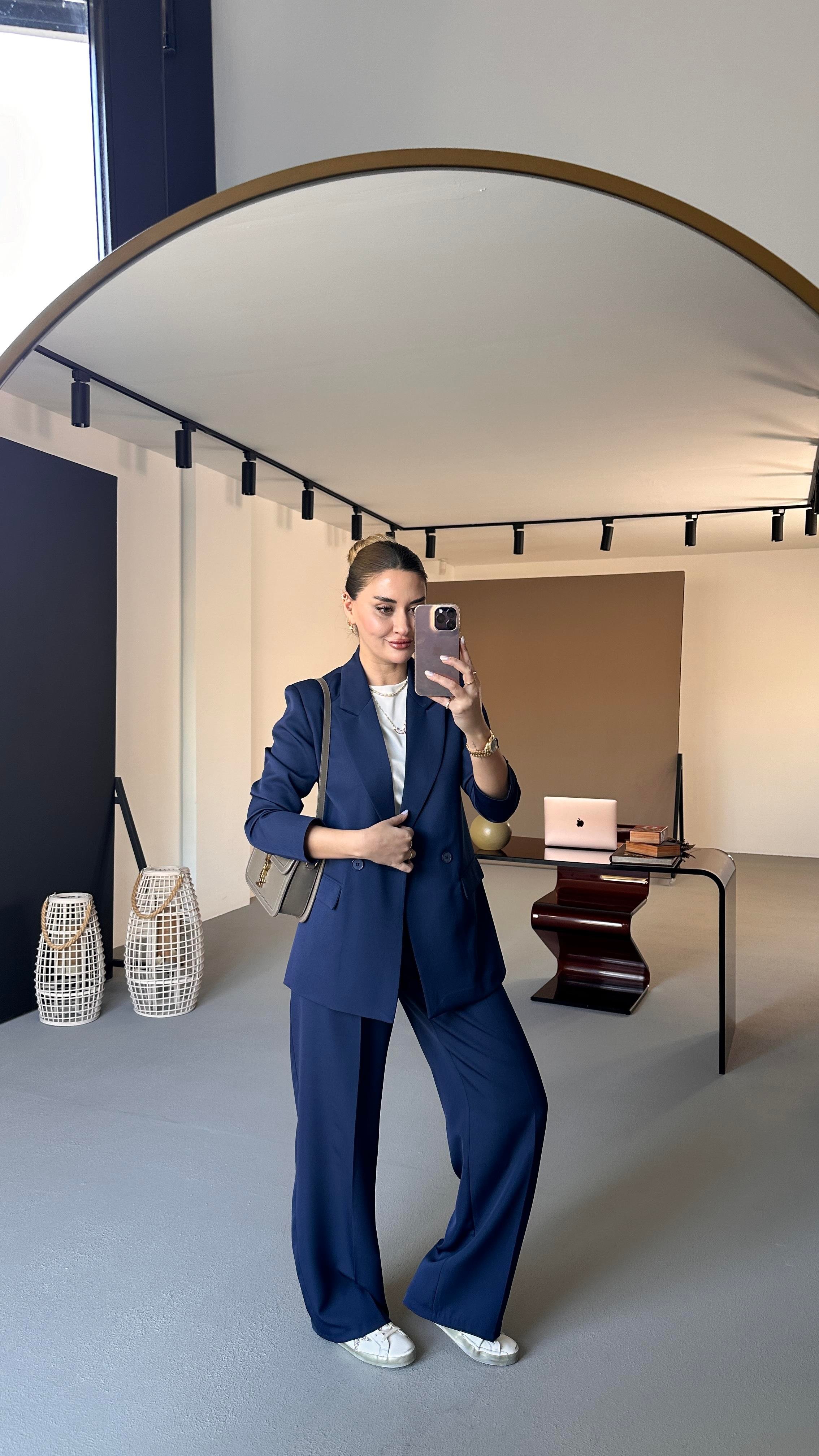 Lacivert Blazer Ceket Piliseli Palazzo Pantolon Takım