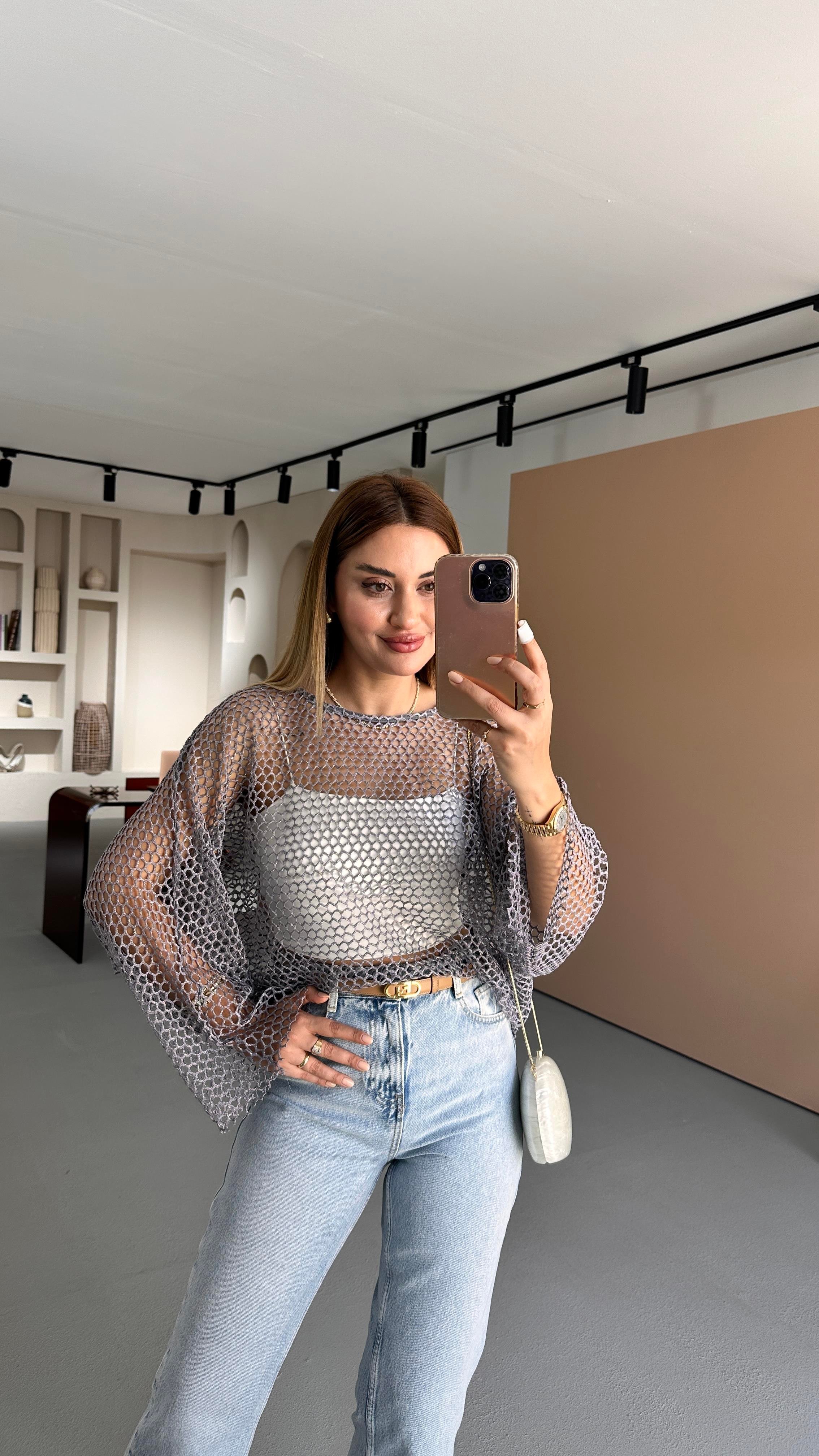Leylak Oversize Simli File Bluz
