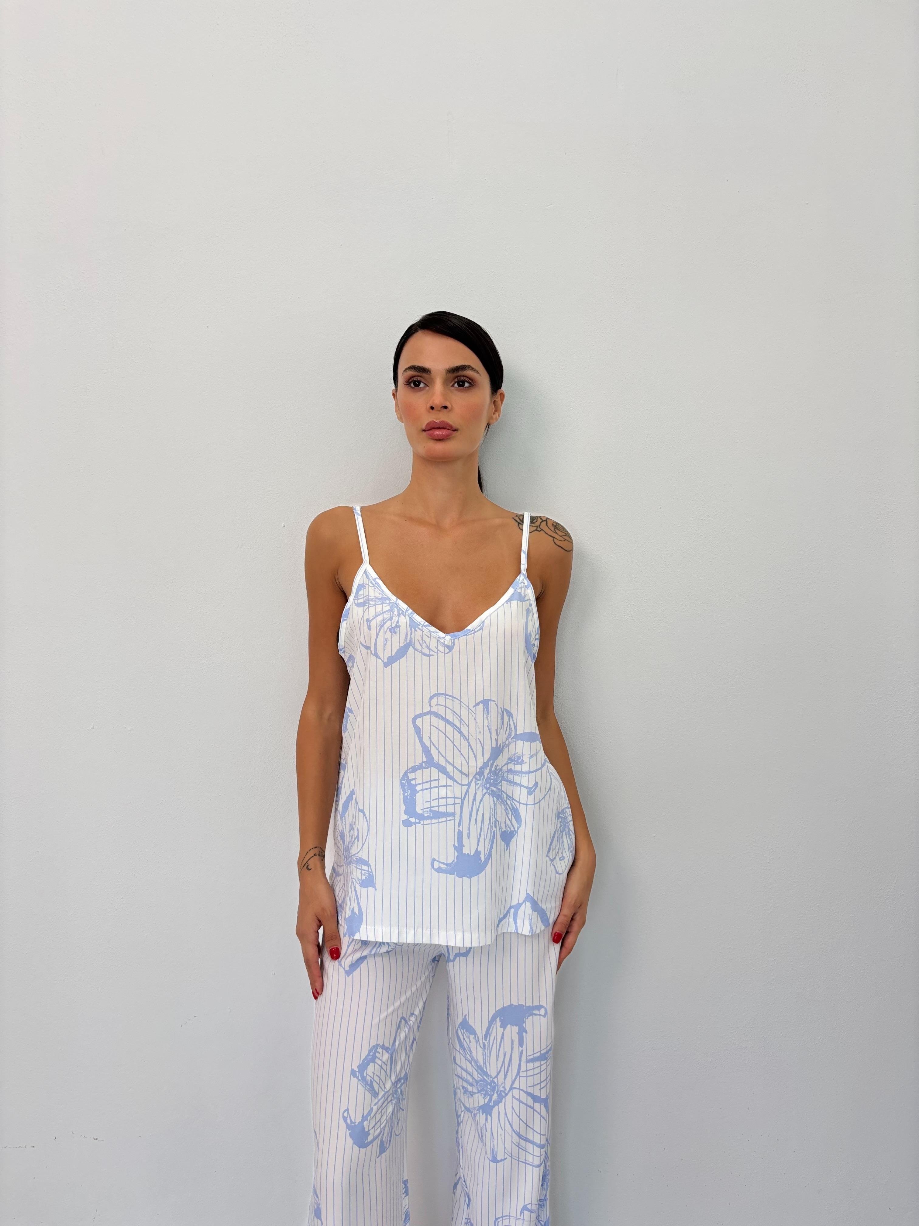 Mavi Çiçek Desen Ayarlanabilir Askı Pamuklu Atlet