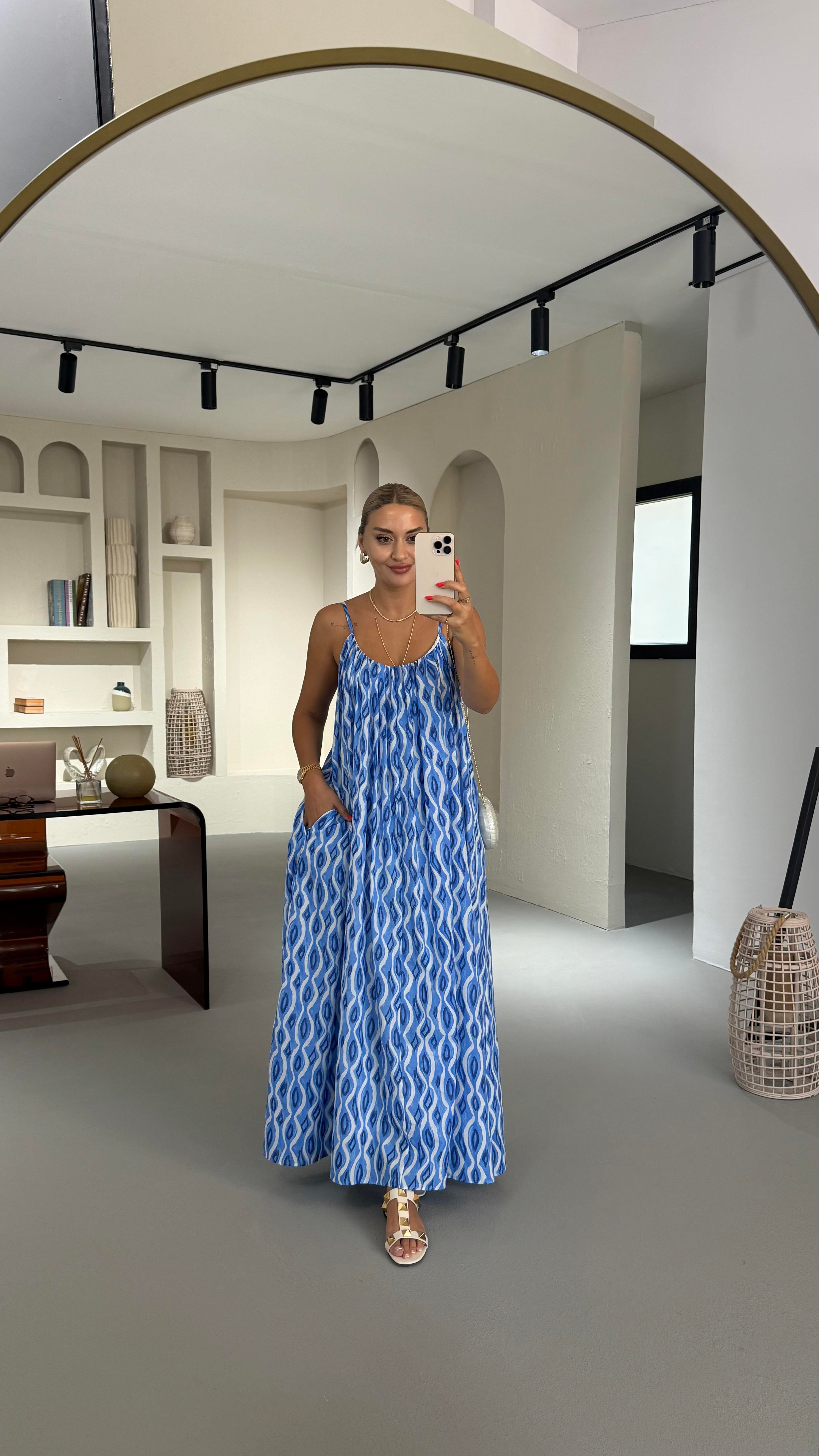 Mavi Desenli Maxi Vual Elbise