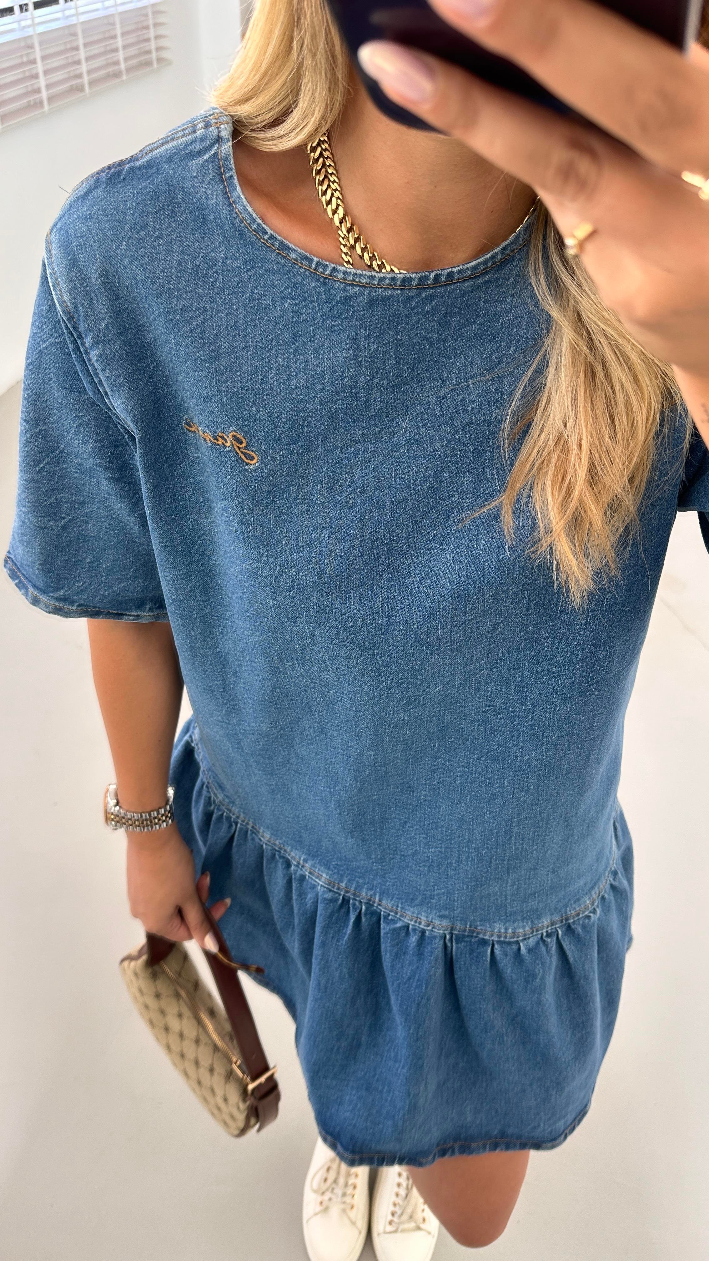 Orjinal Marka Sırt Dekolte Detay Mavi Denim Elbise