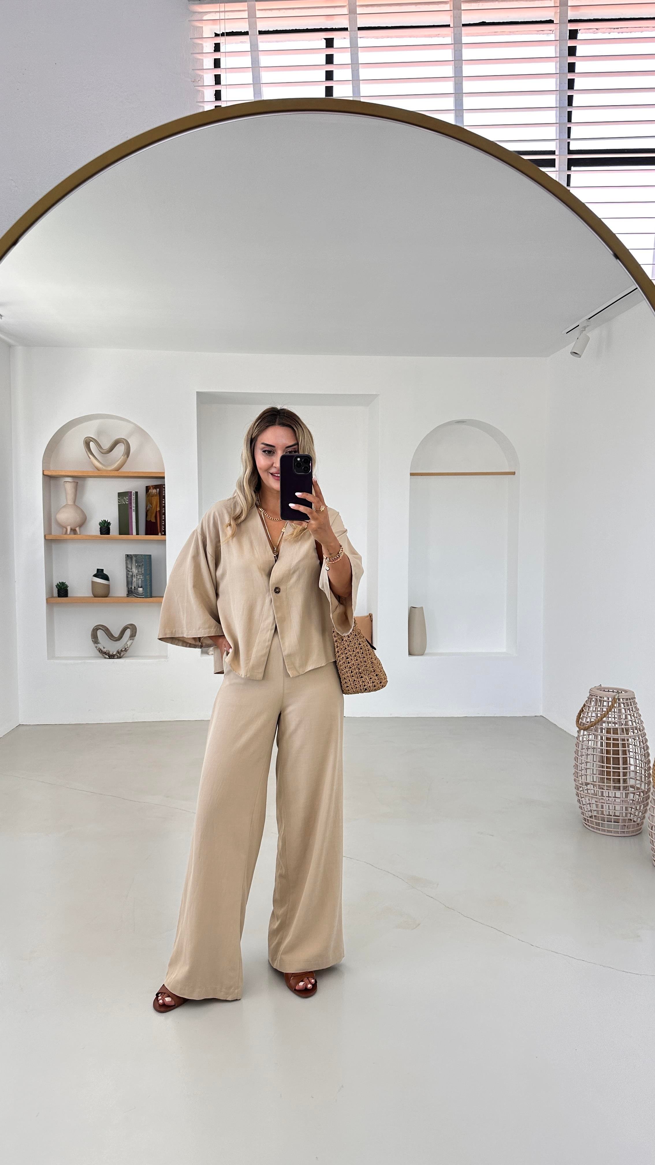 Özel Seri Gömlek Pantolon Camel Keten Takım