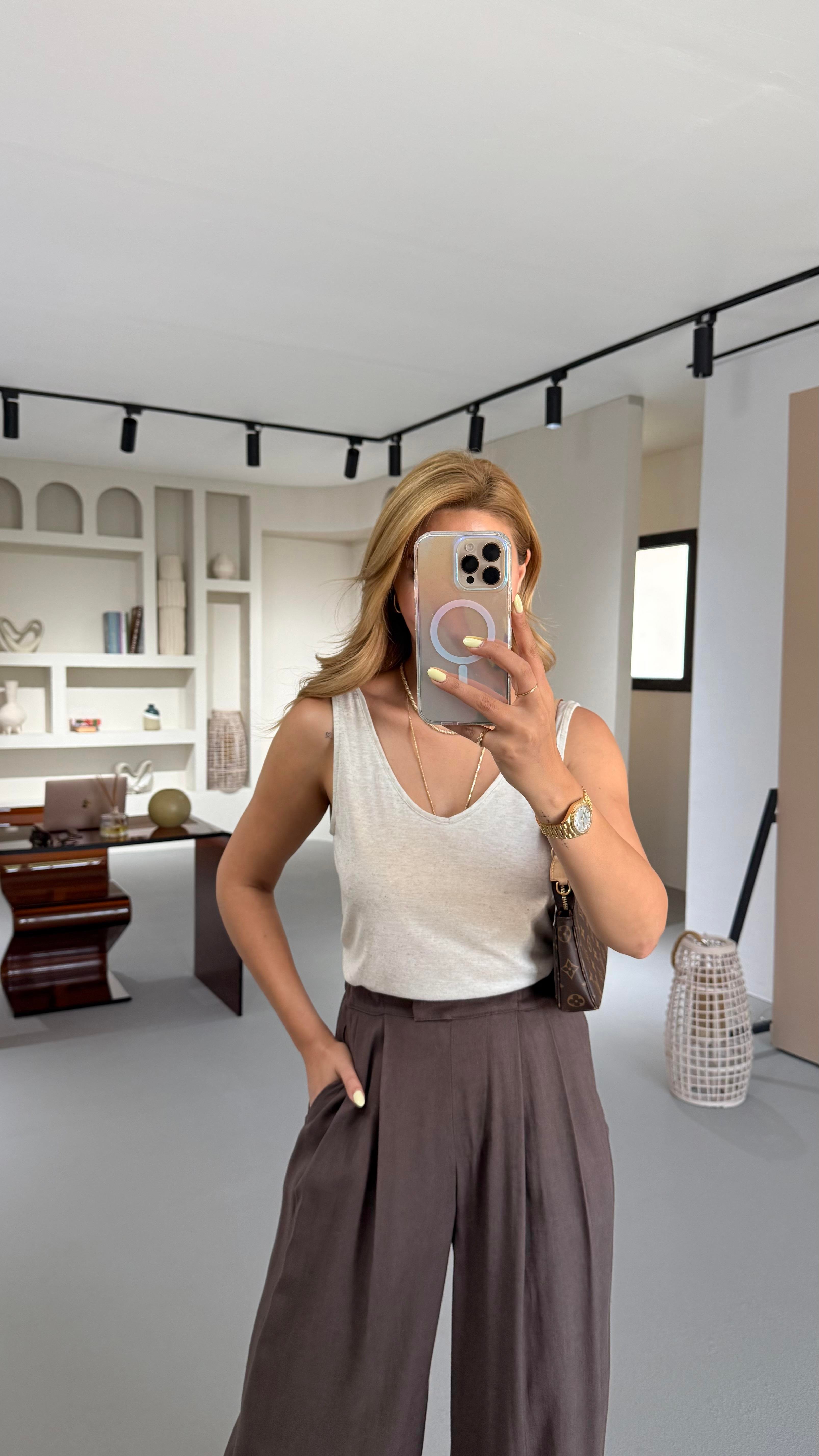 Özel Seri Ön Arka V Yaka Natural Pamuklu Keten Bluz