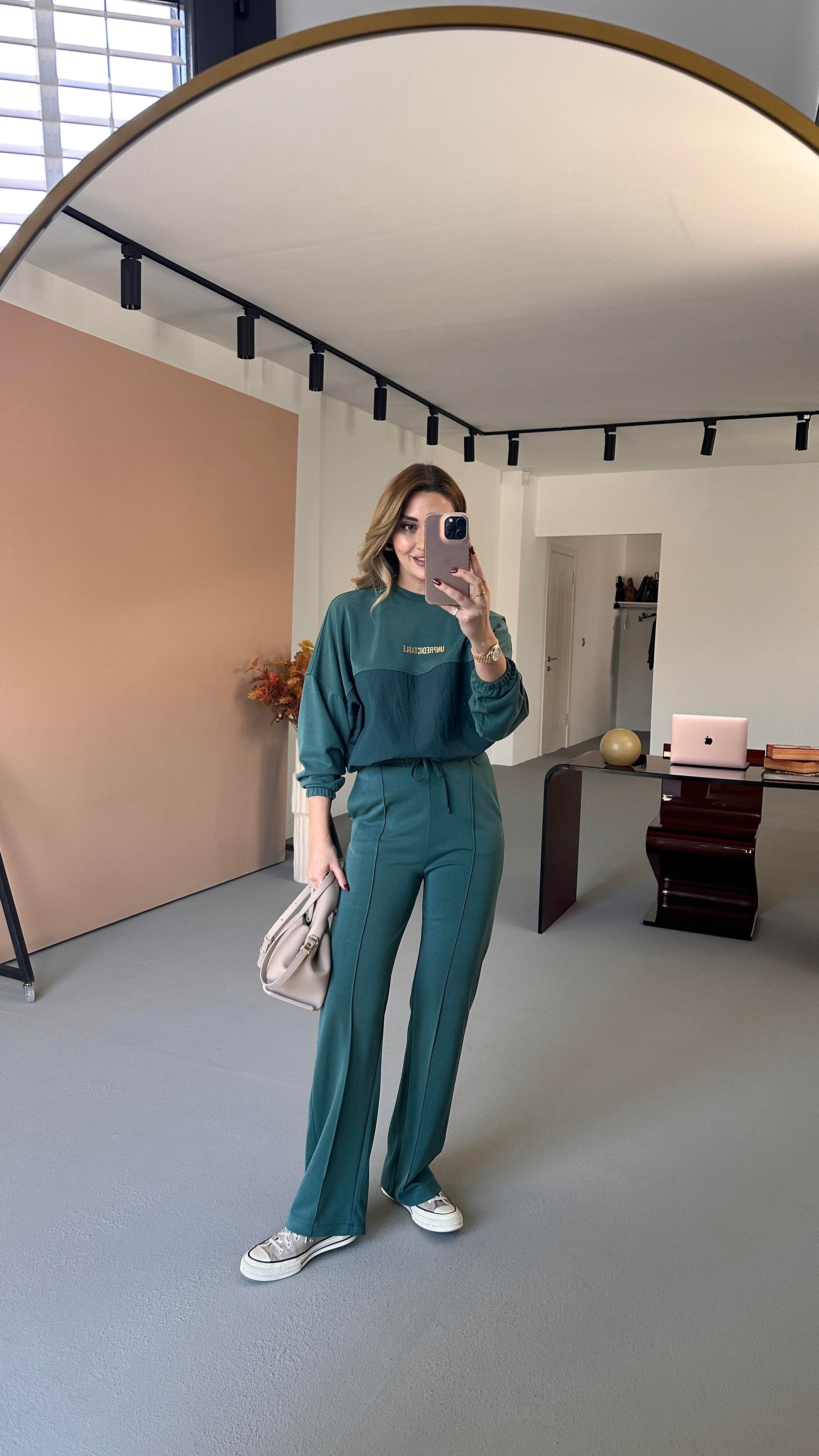 Paraşüt Detay Sweat Pantolon Petrol Modal Takım