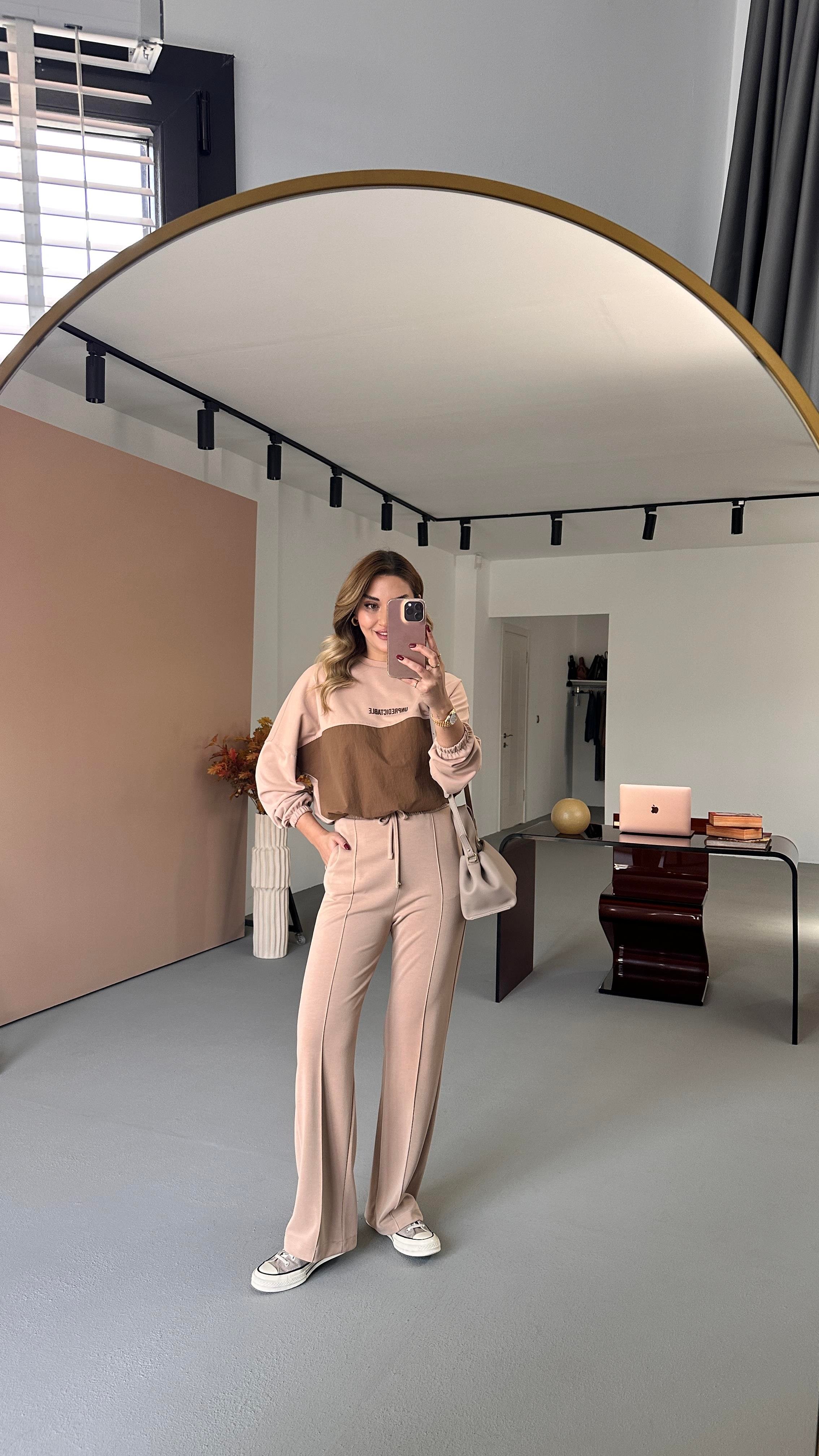 Paraşüt Detay Sweat Pantolon Vizon Modal Takım