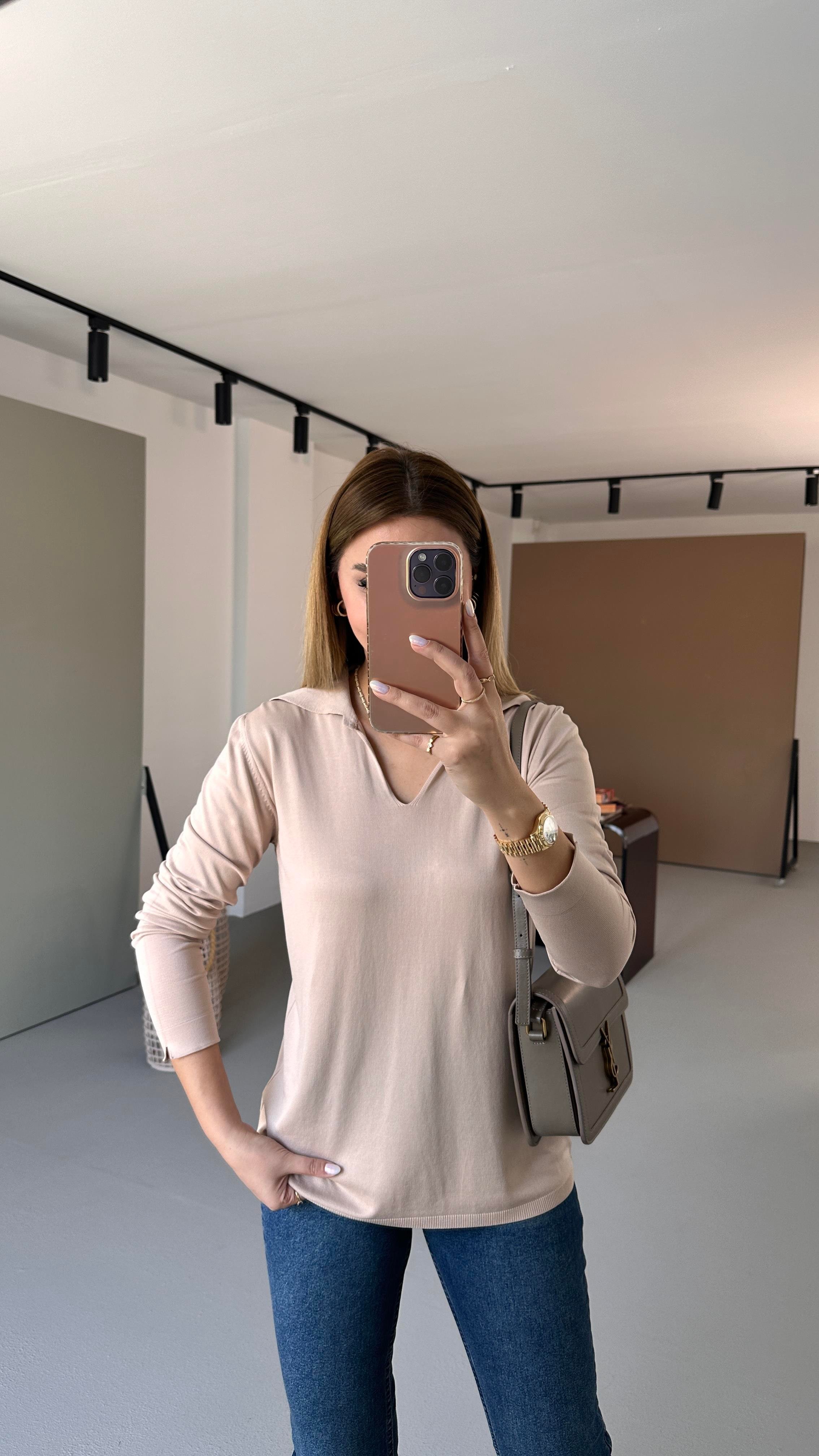 Polo Yaka Bej Merserize Triko Bluz