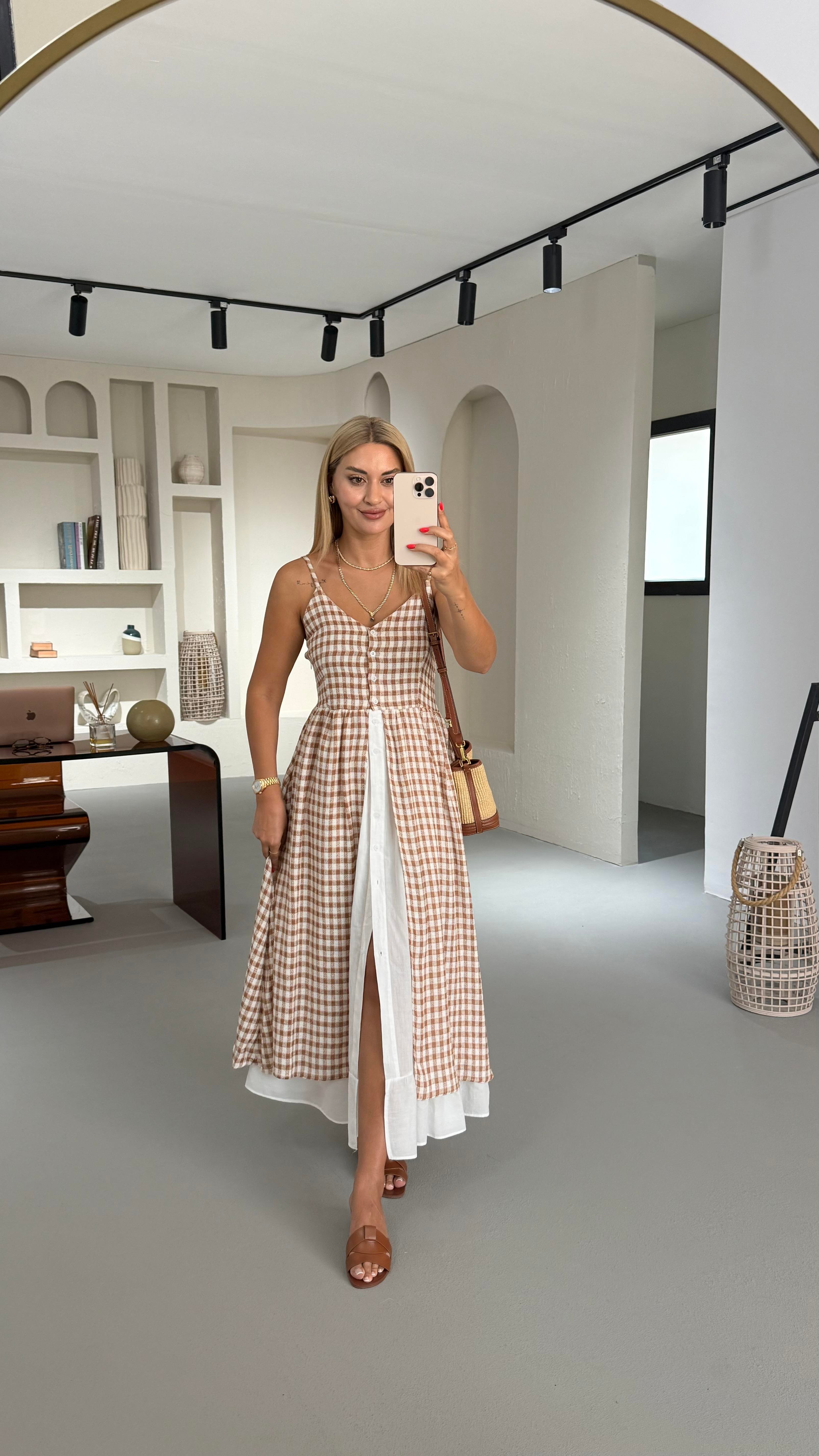 Poplin Detay Boydan Düğmeli Kahve Pötikare Elbise