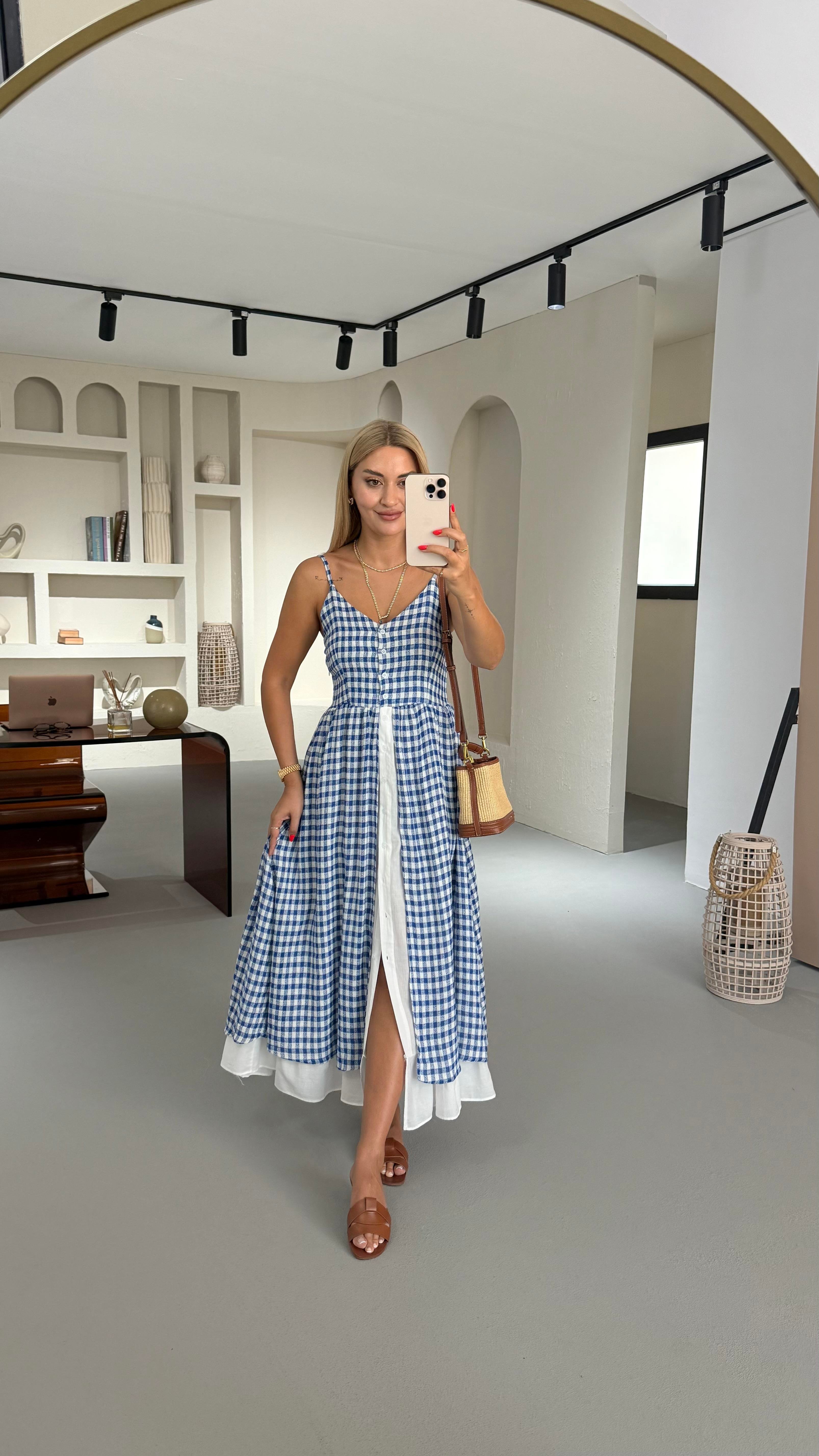 Poplin Detay Boydan Düğmeli Lacivert Pötikare Elbise