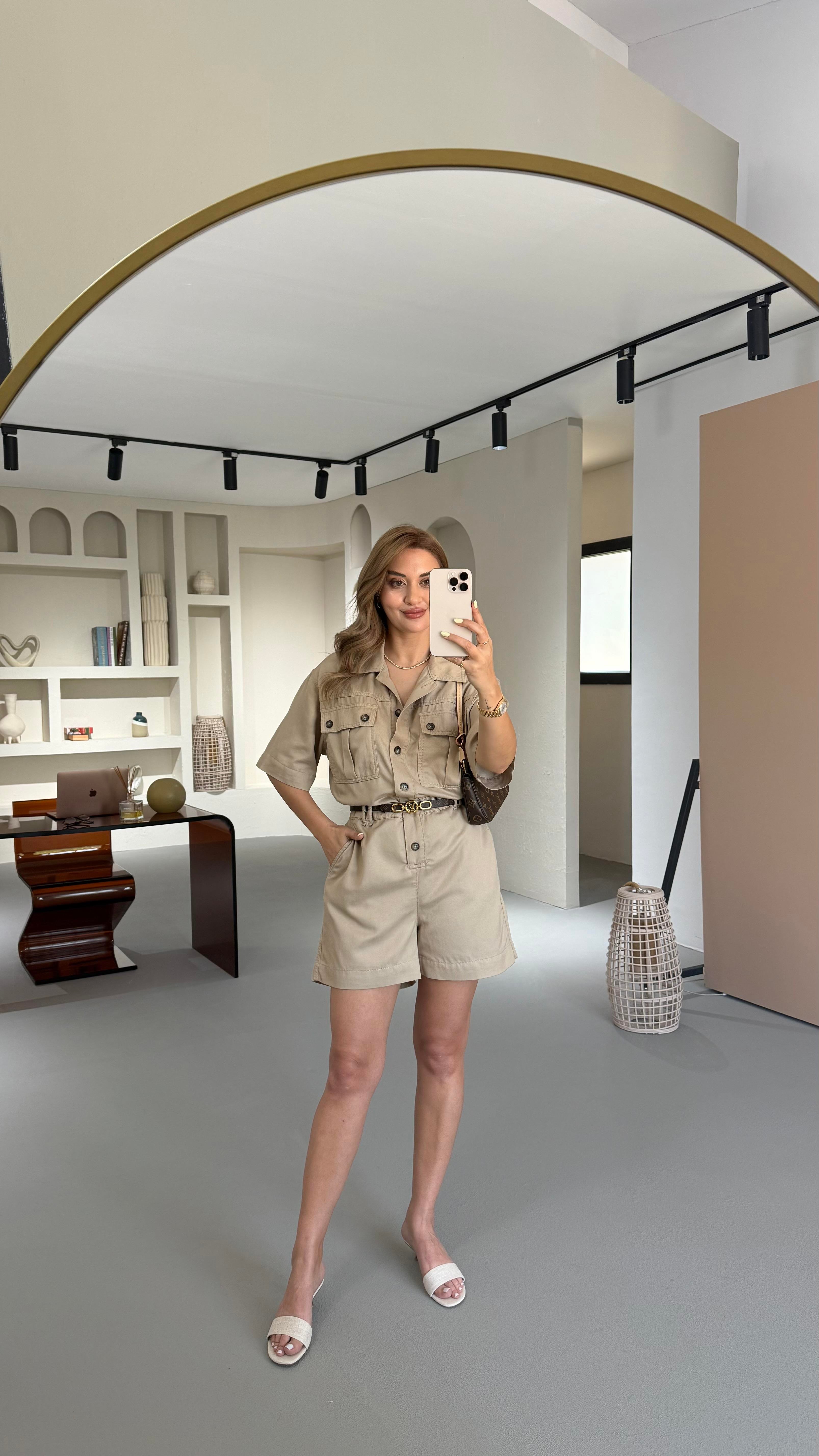 Premium Seri Cep Detay Bel Lastikli Taş Tensel Denim Tulum