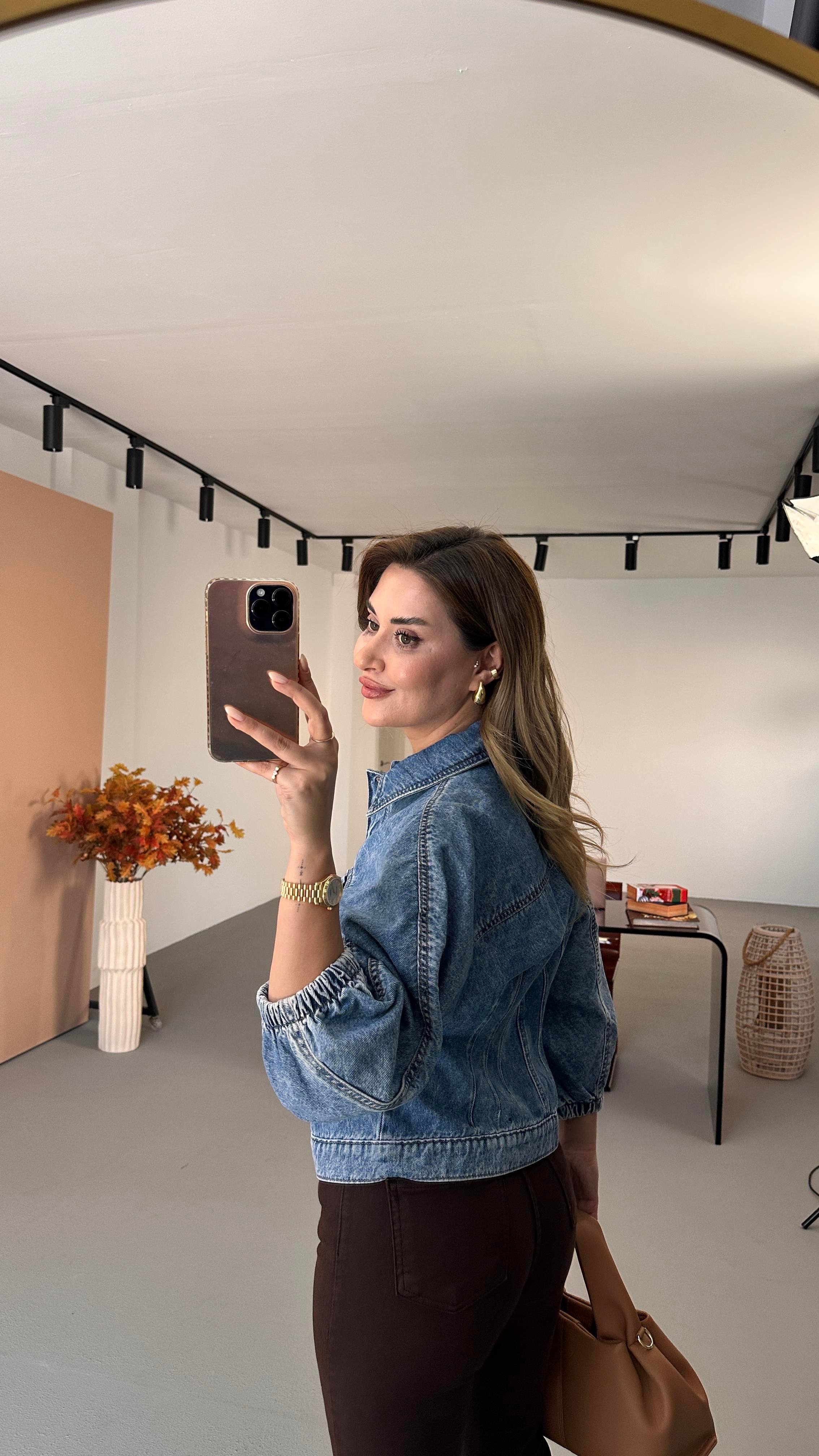 Premium Seri Gold Düğme Detay Balon Kol Denim Ceket