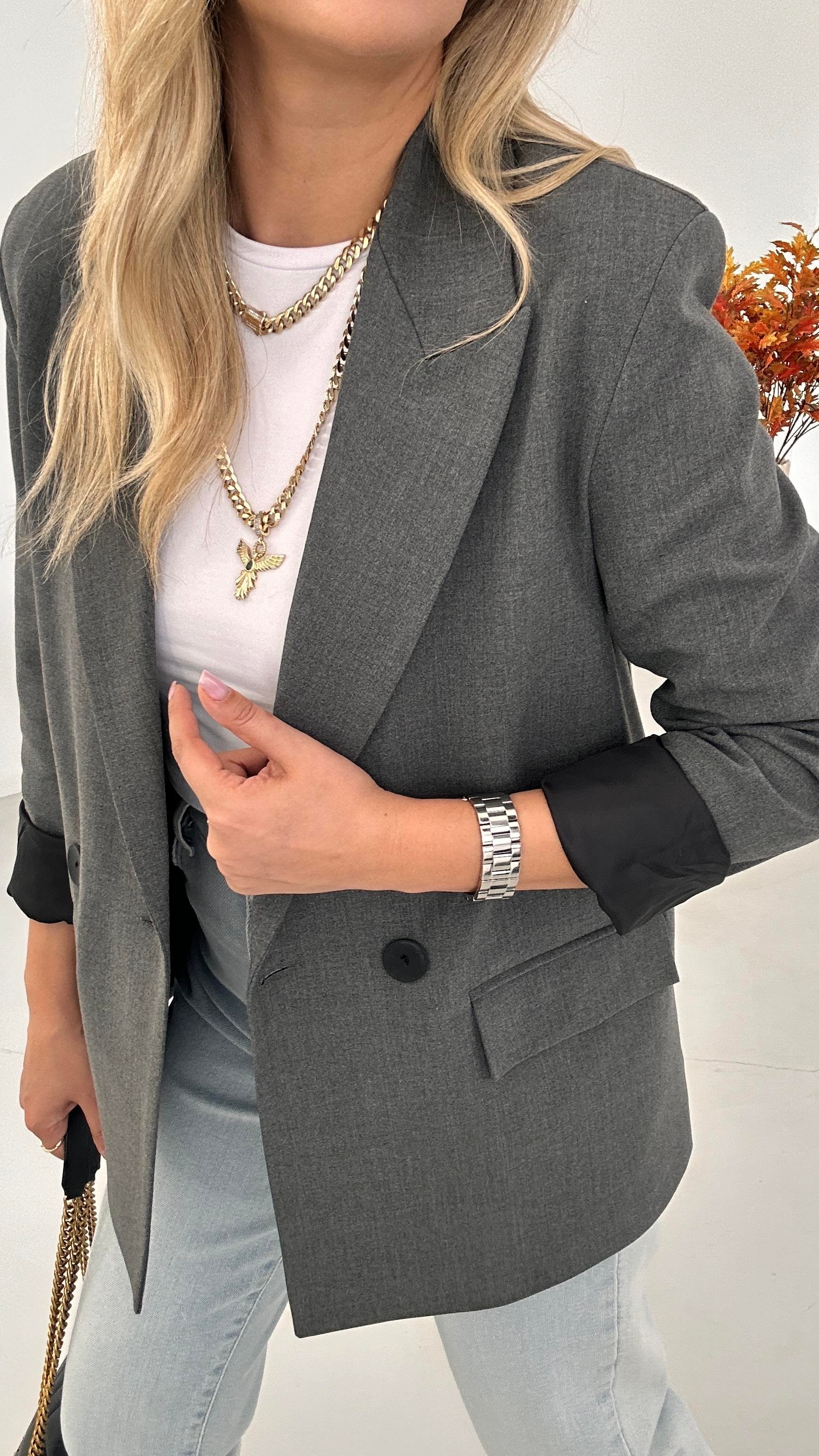 Premium Seri İki Düğme Astarlı Antrasit Blazer Ceket