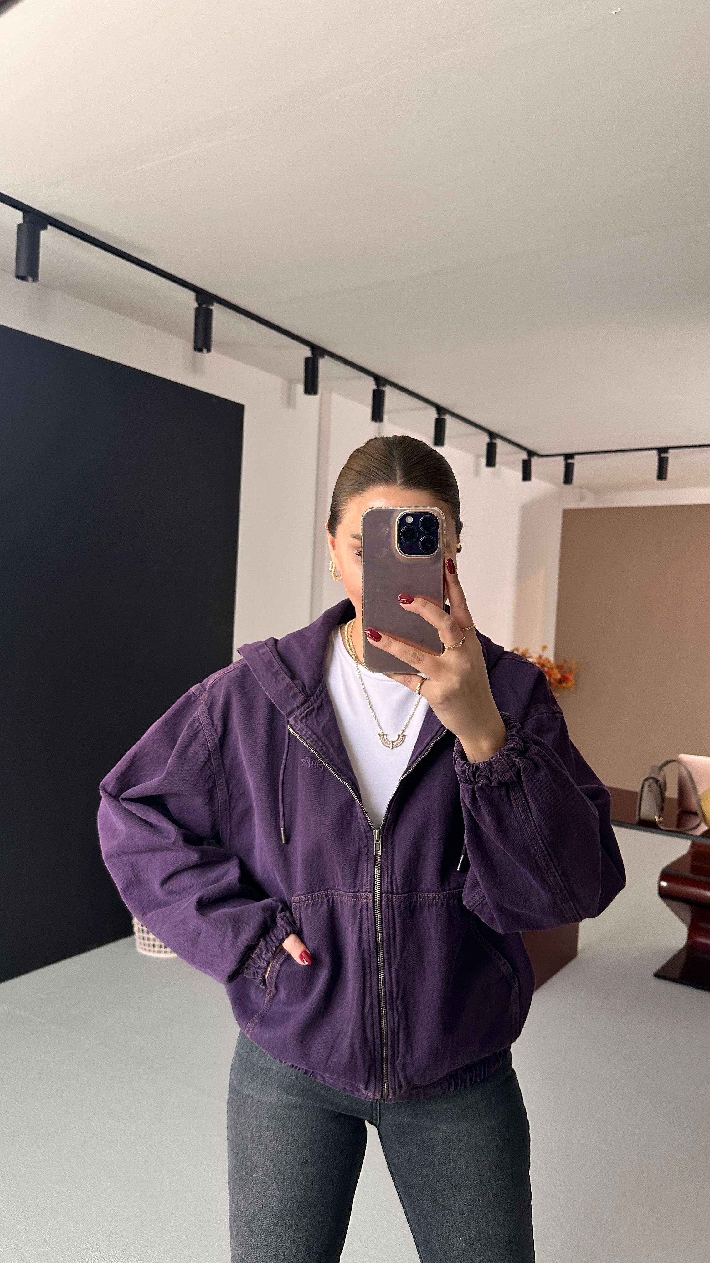 Premium Seri Kapüşonlu Mor Oversize Denim Sweat