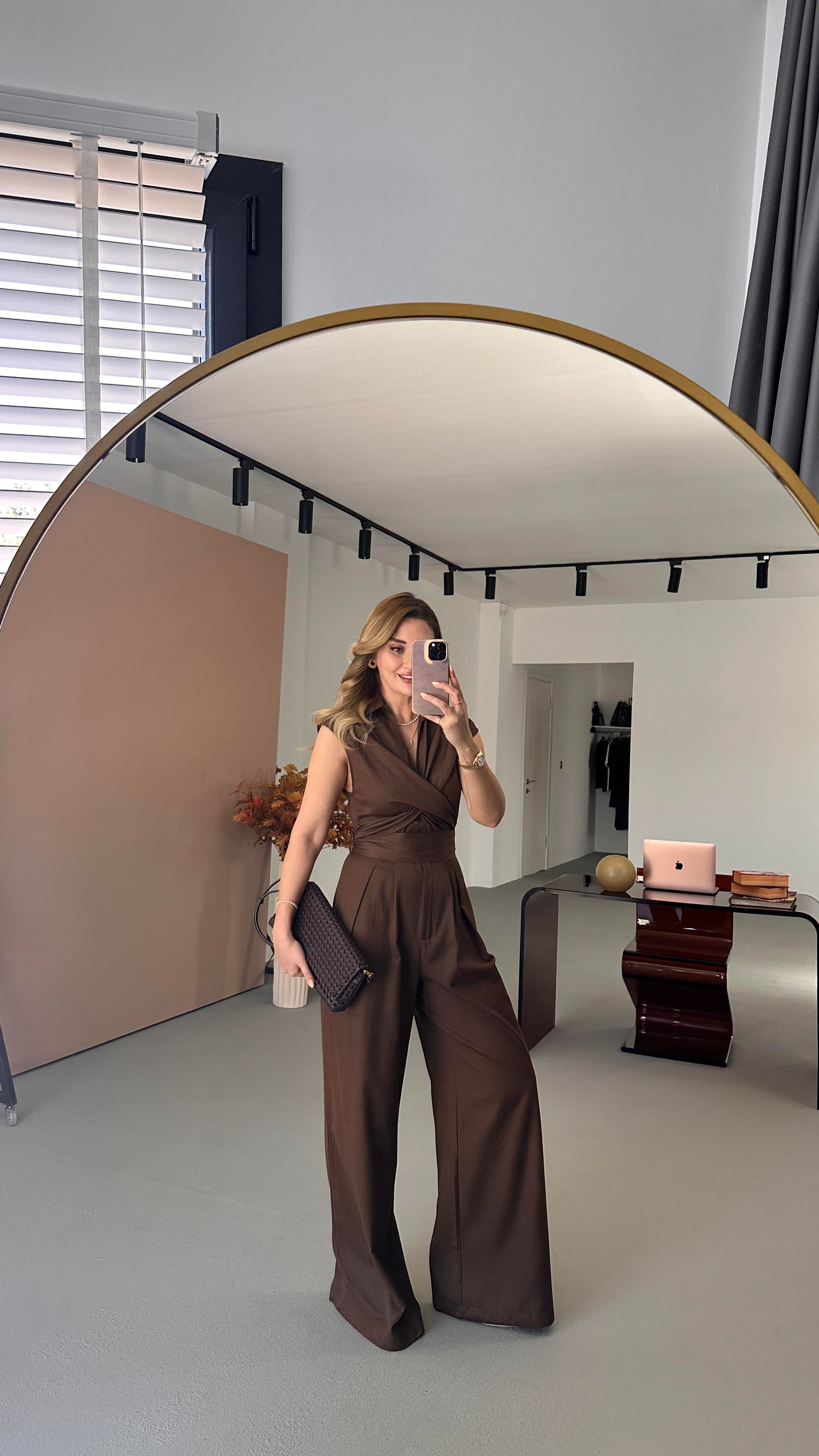 Premium Seri Tasarım Kuşaklı Kahve Tulum