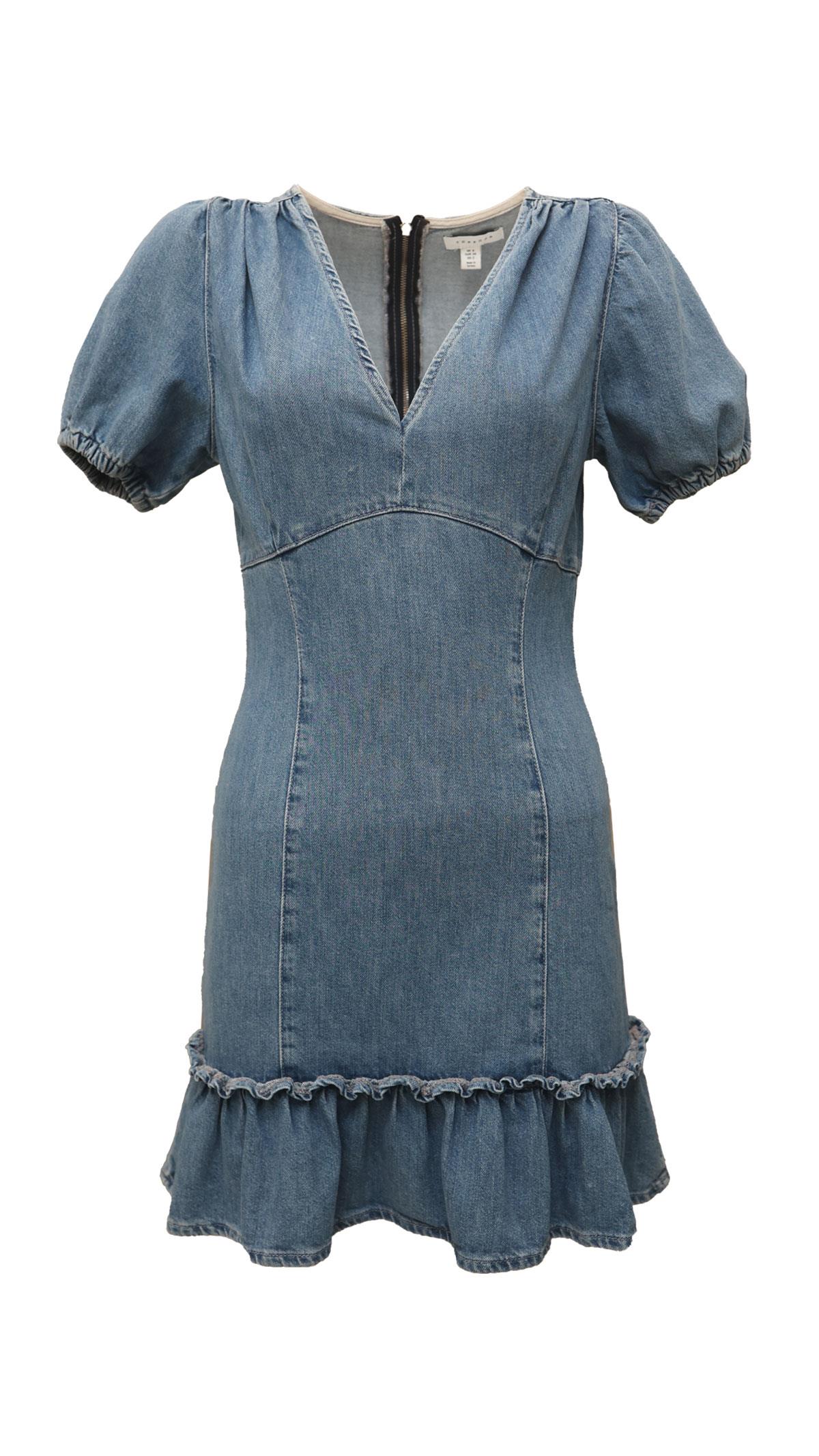 Premium Seri V Yaka Balon Kol Mavi Denim Elbise