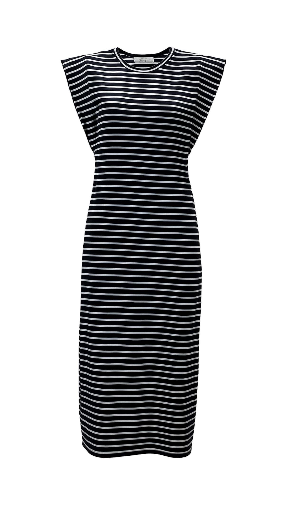 T Kol Yırtmaç Detay Dokulu Siyah Çizgili Elbise