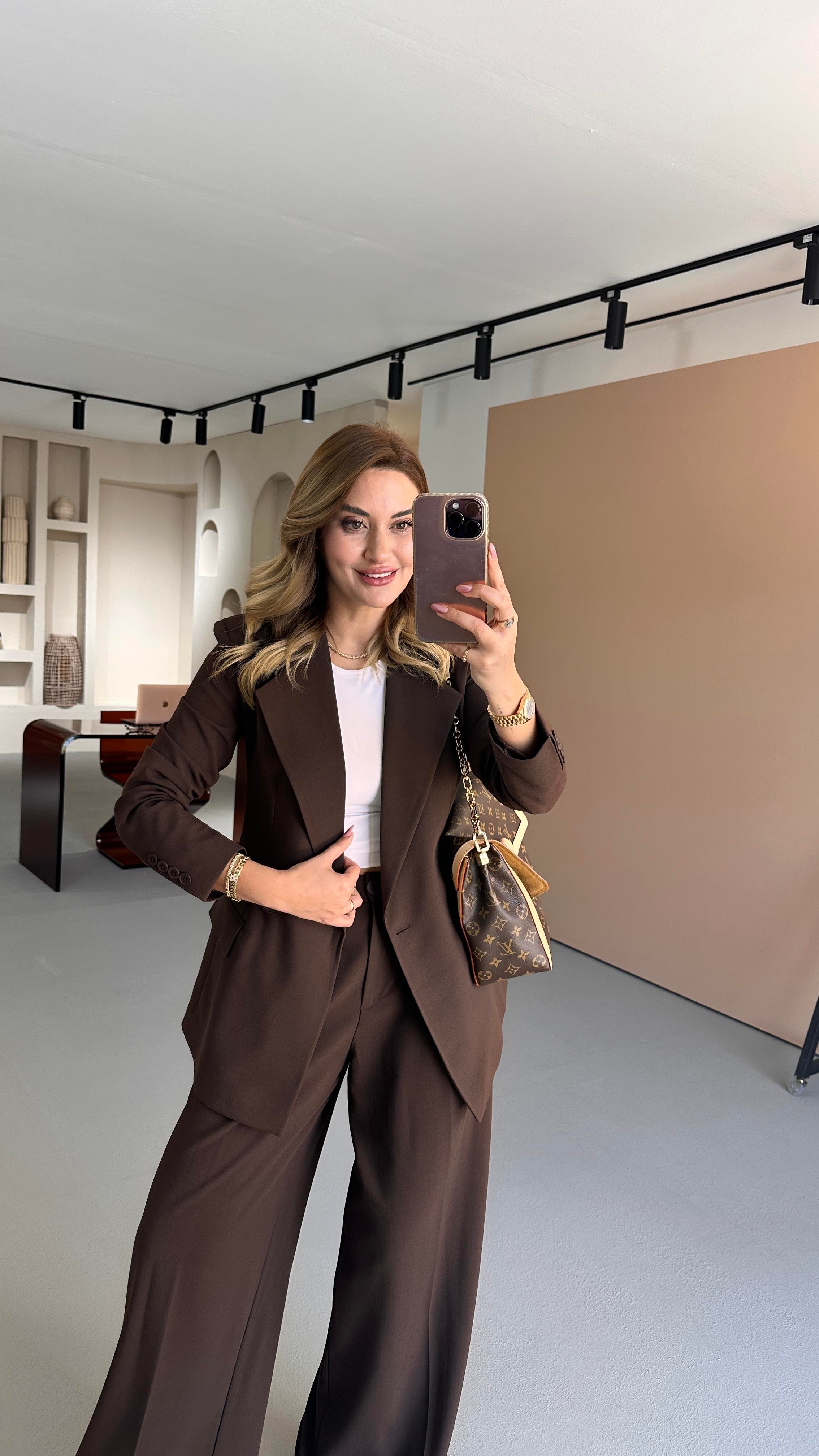 Tek Düğme Blazer Piliseli Palazzo Pantolon Kahve Takım