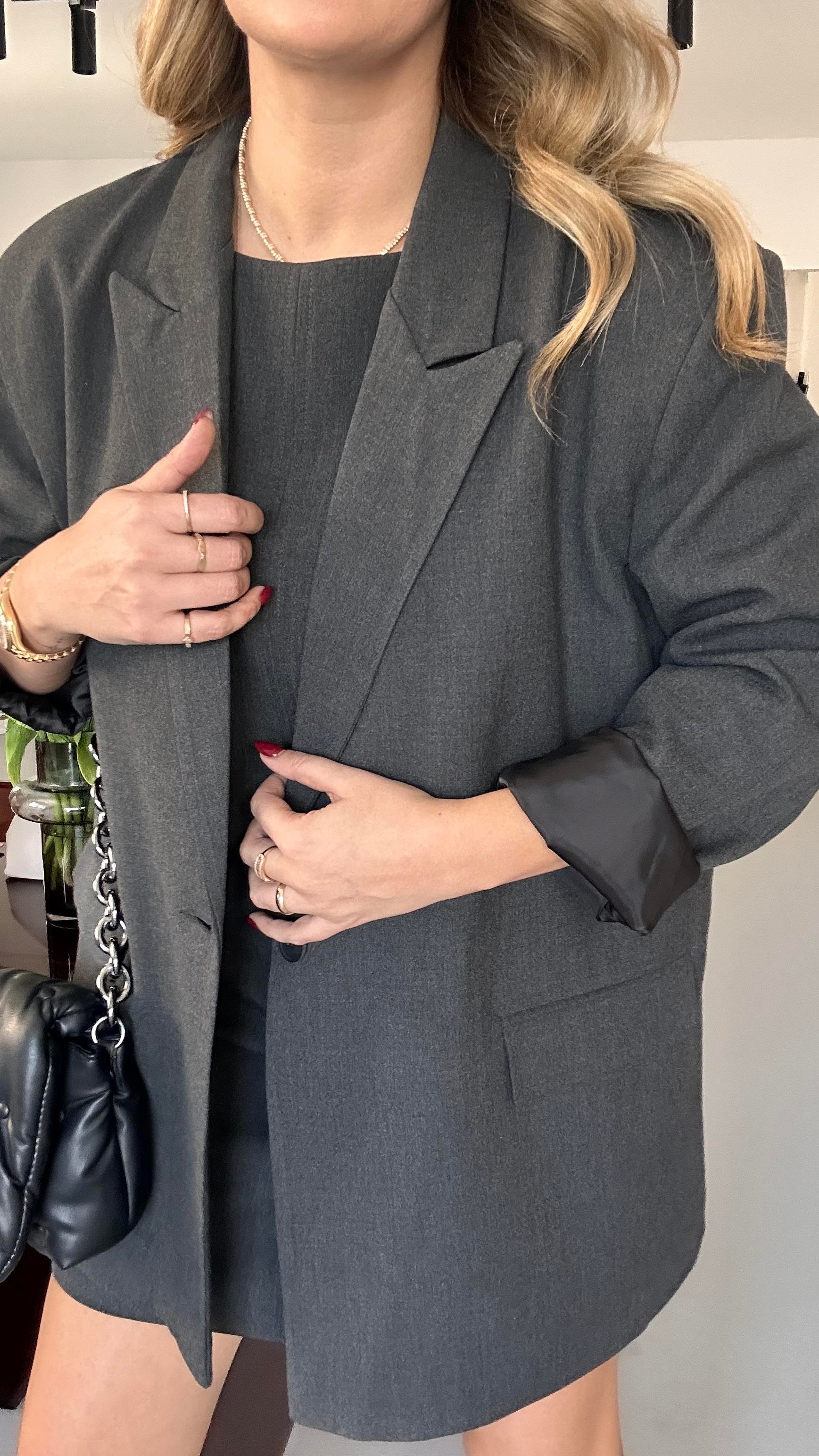 Tek Düğme Detay Astarlı Oversize Antrasit Ceket