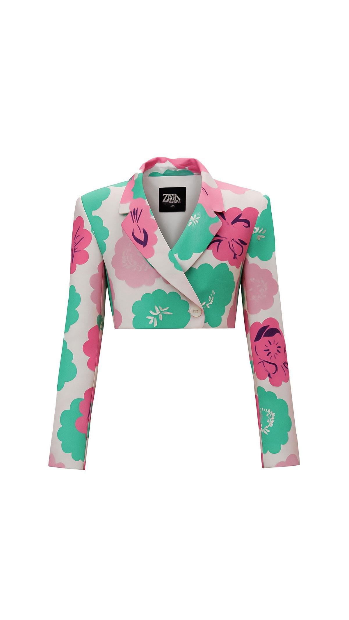 Tek Düğme Detay Çiçek Desen Kısa Keten Ceket