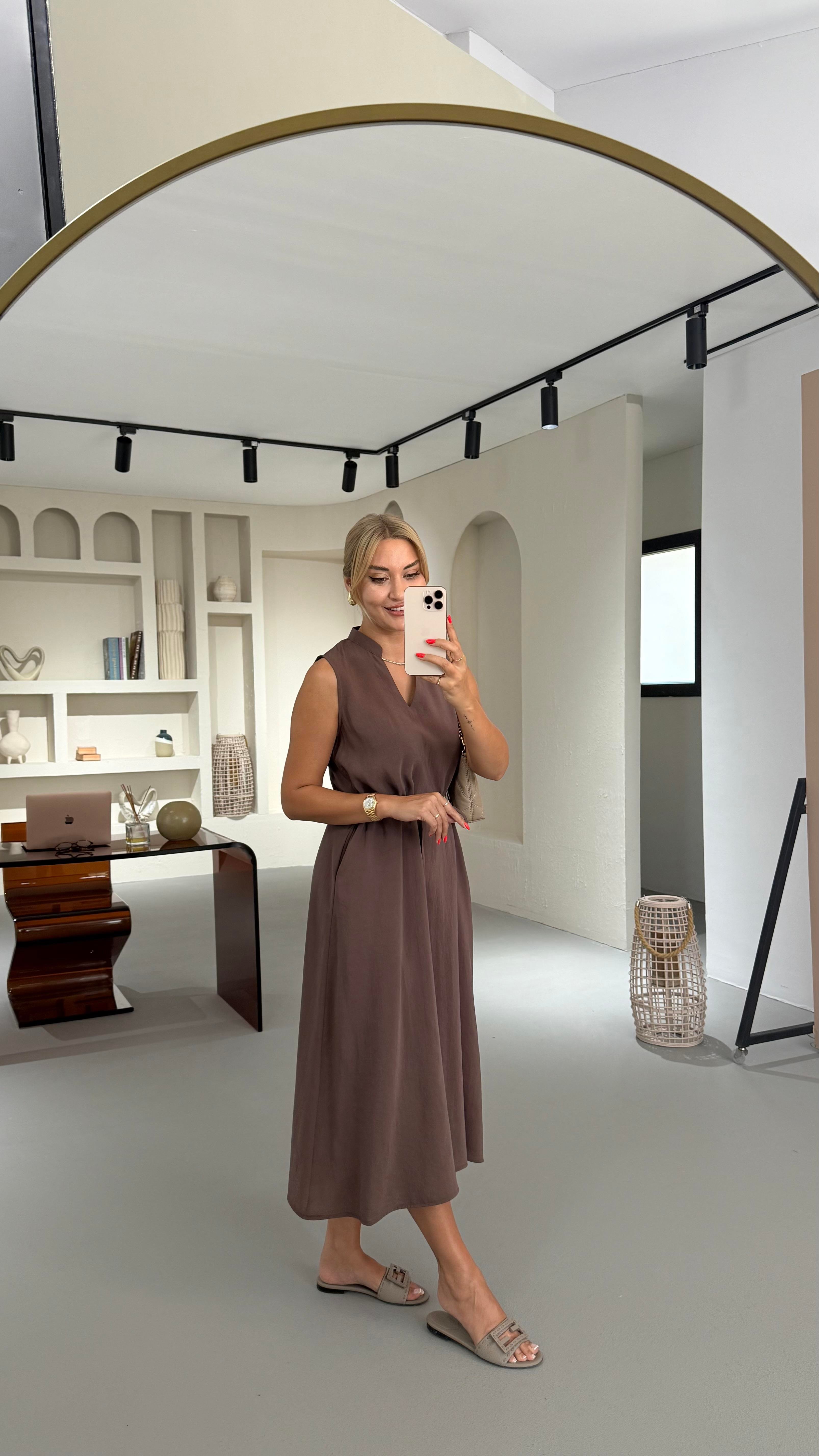 V Yaka Kahve Tensel Modal Elbise