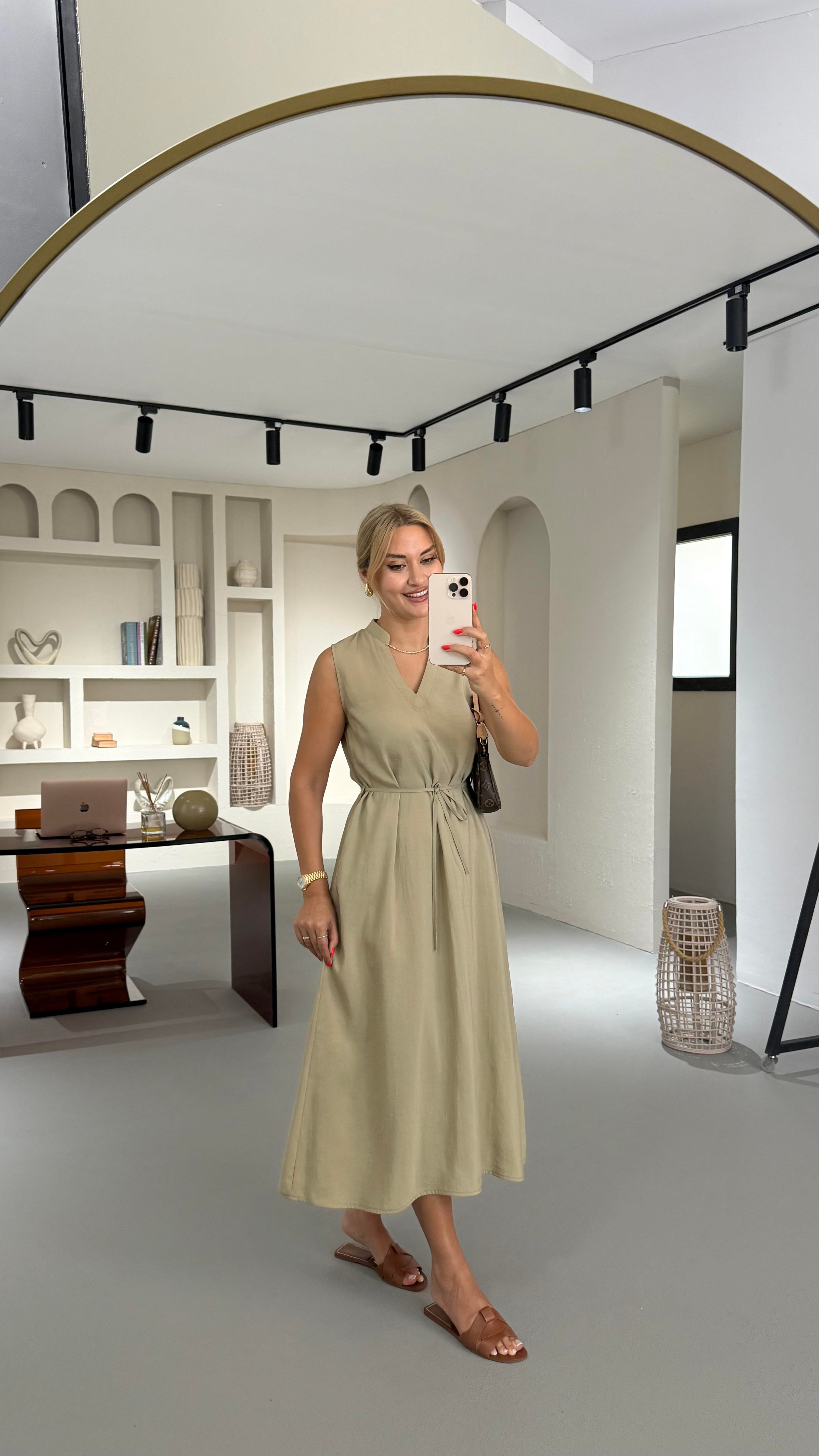 V Yaka Yağ Yeşili Tensel Modal Elbise