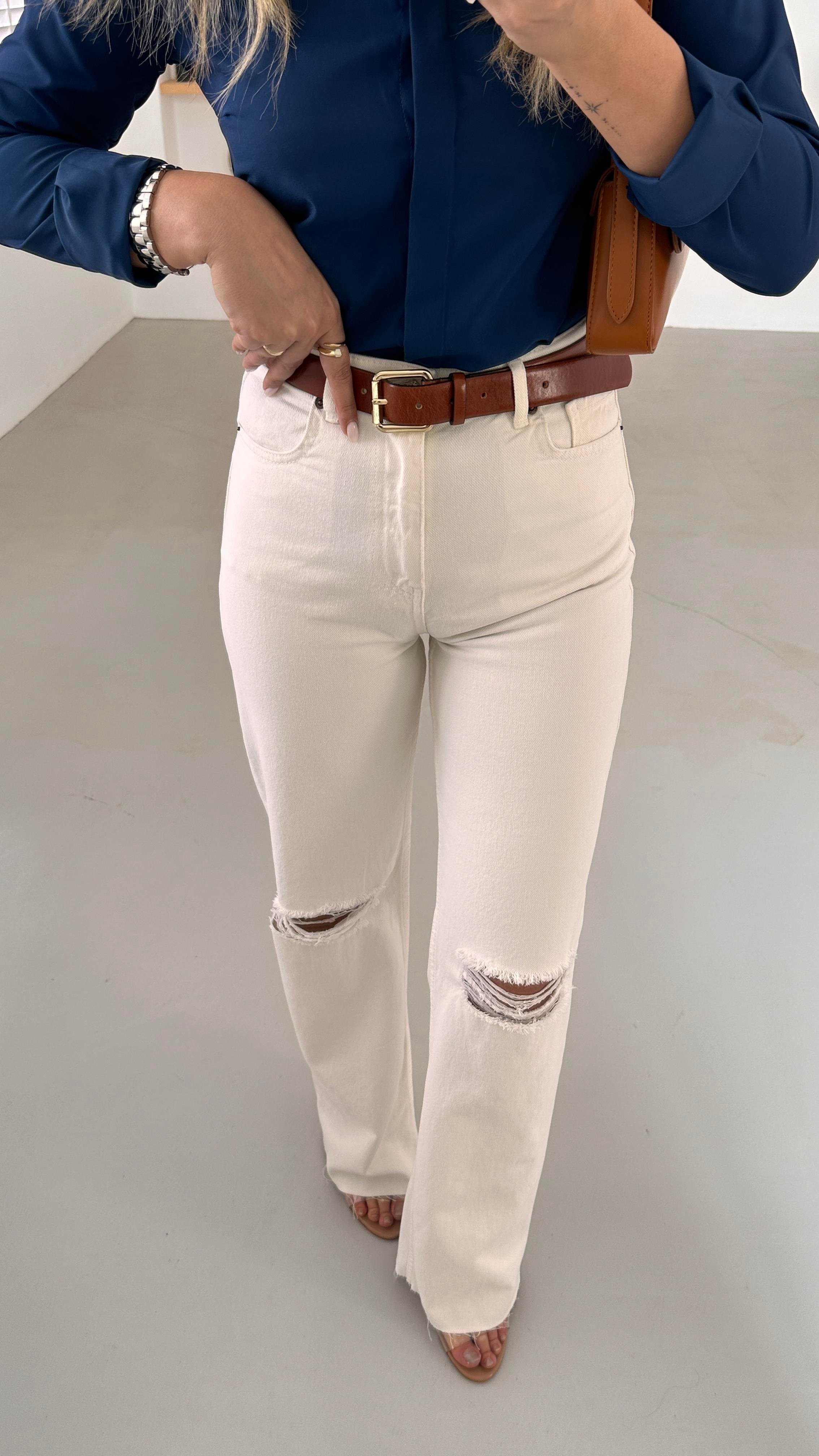 Yırtık Detay Kesik Paça Straight Beyaz Jean