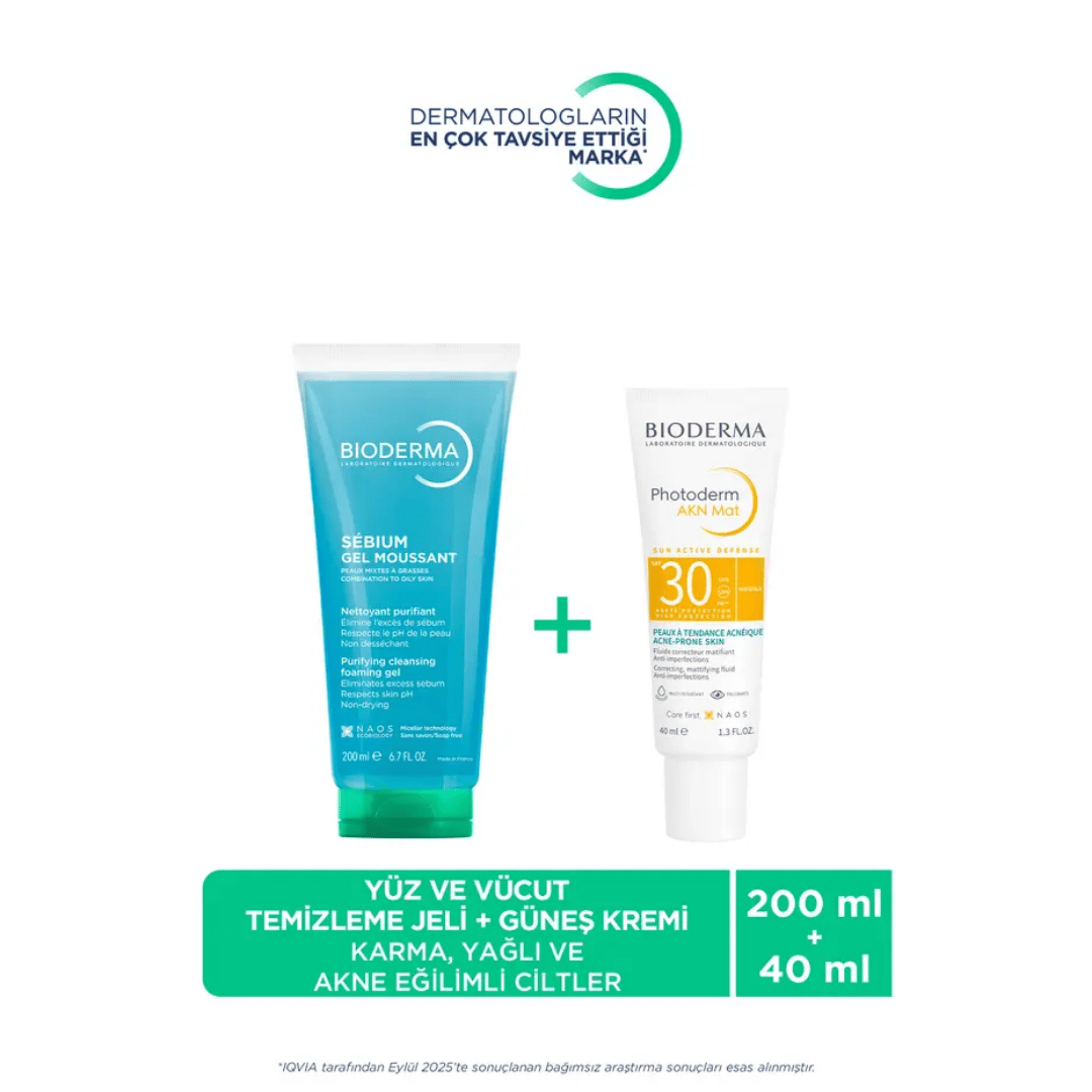 Bioderma Sebium Temizleme Jeli 200 ml + Photoderm AKN Mat SPF30 Güneş Kremi 40 ml Set Yağlı ve Akneye Eğilimli Ciltler - Bioderma