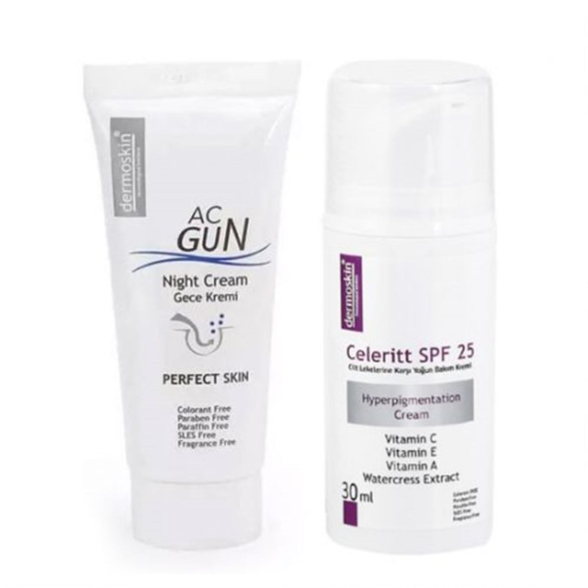 Dermoskin Acgun Gece Kremi + Celeritt Spf 25 Düzensiz Ciltler için Bakım SETİ - Dermoskin