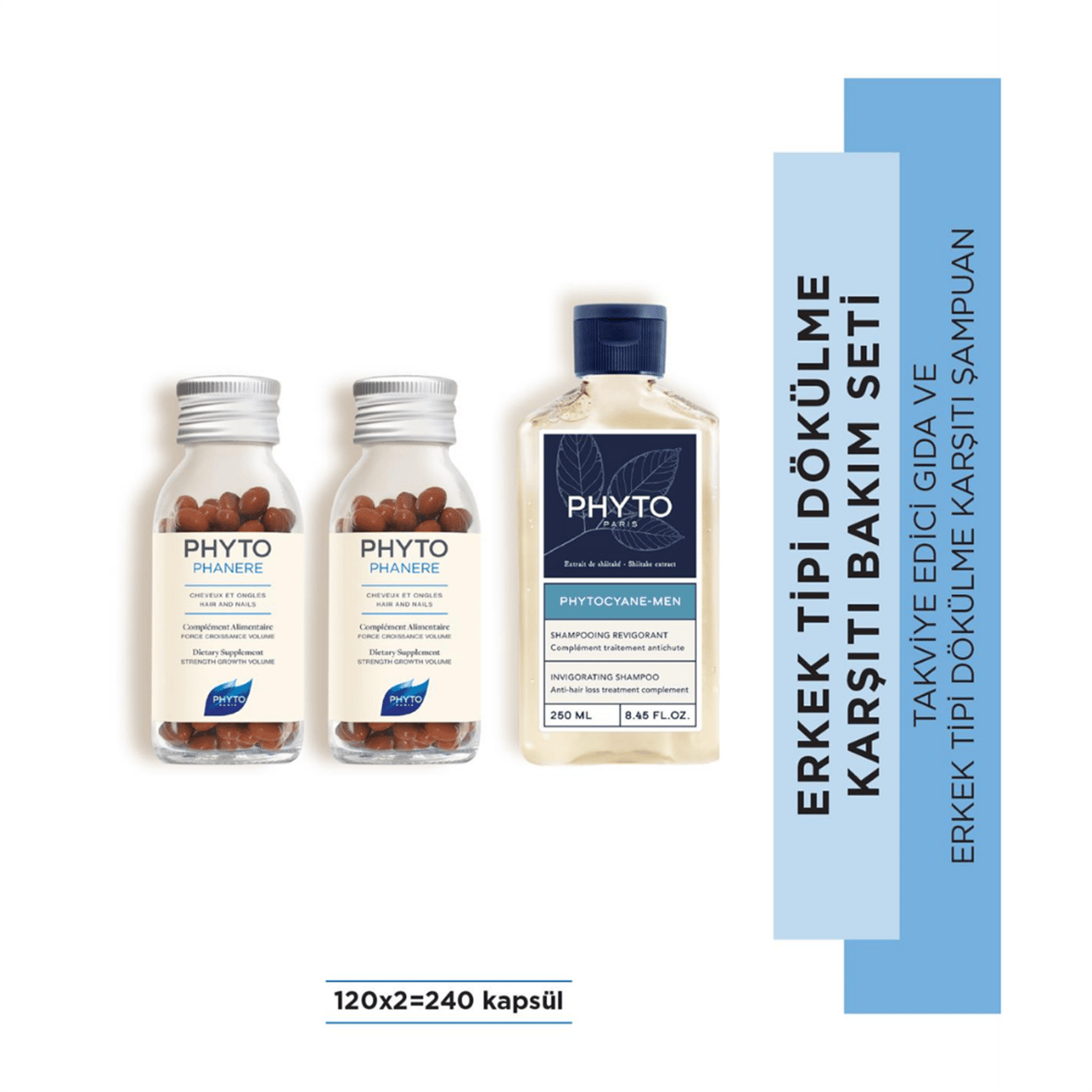 Phyto Phanere 240 Kapsül+Phyto Phytocyane Men Invigorating Shampoo Erkek Tipi Saç Dökülmesine Karşı Şampuan 250Ml - Phyto Saç Bakım