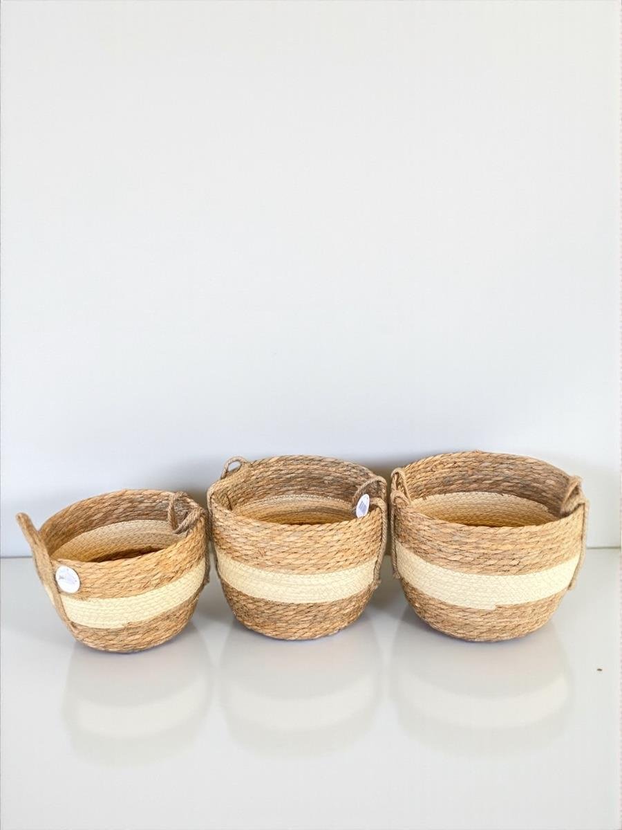 Hasır Kulplu Beyaz Detaylı Dekoratif Saksı