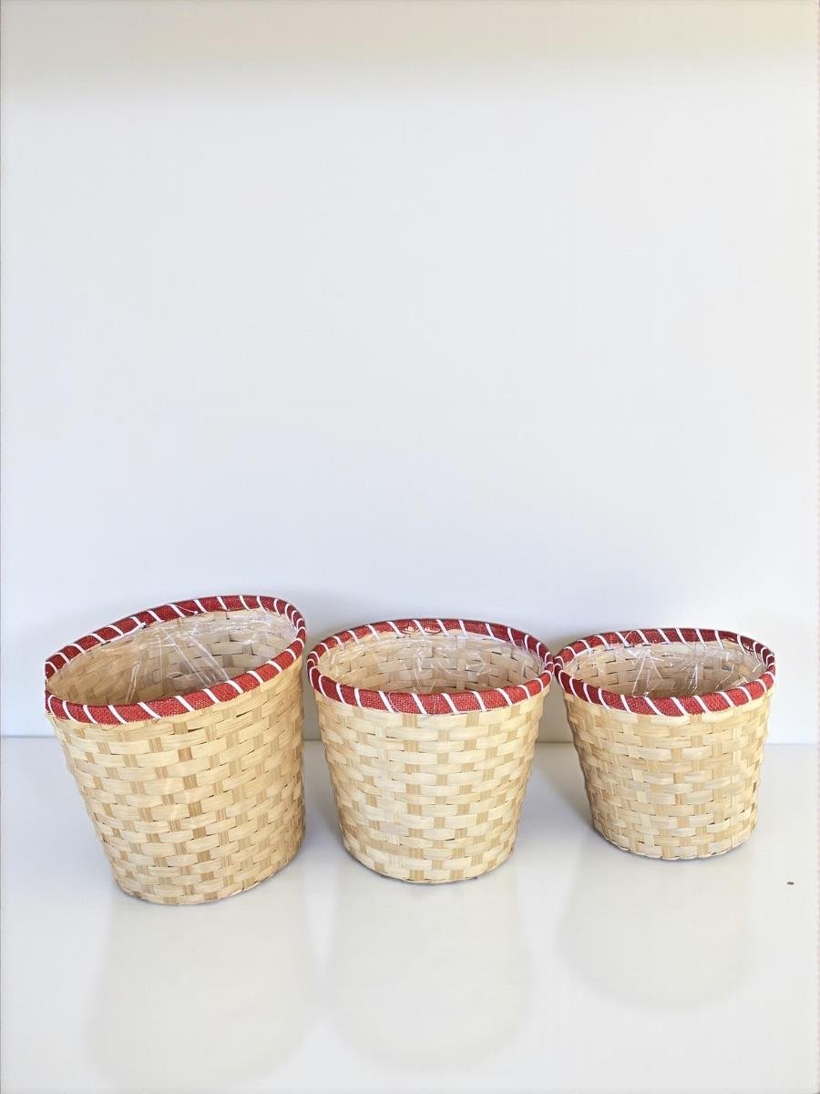 Hasır Saksı Dekoratif Bambu Saksı Kırmızı Şerit Detaylı