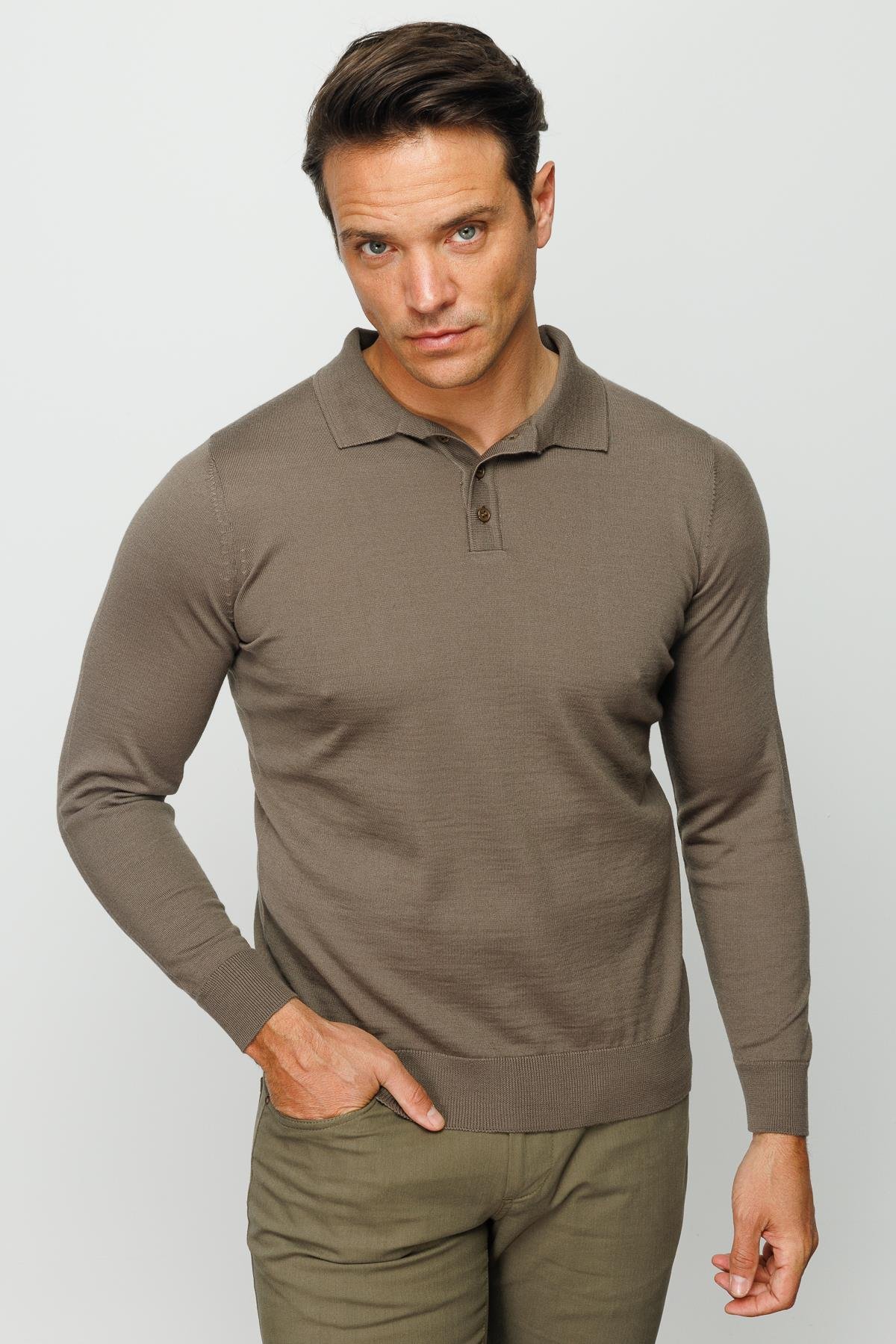 21601Erkek Basic Polo Yaka İnce Triko Kazak Vizon