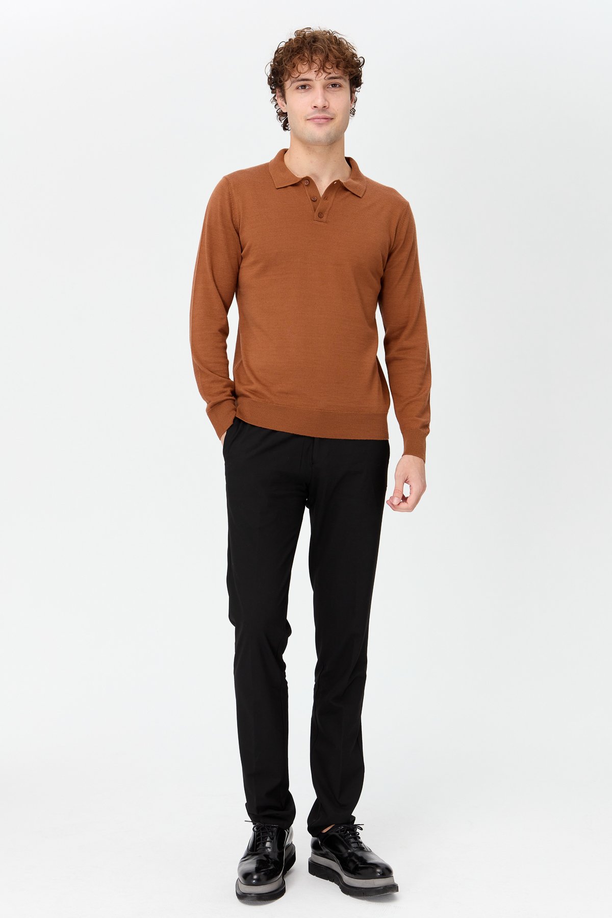 21601Erkek Basic Polo Yaka İnce Triko Kazak K.taba