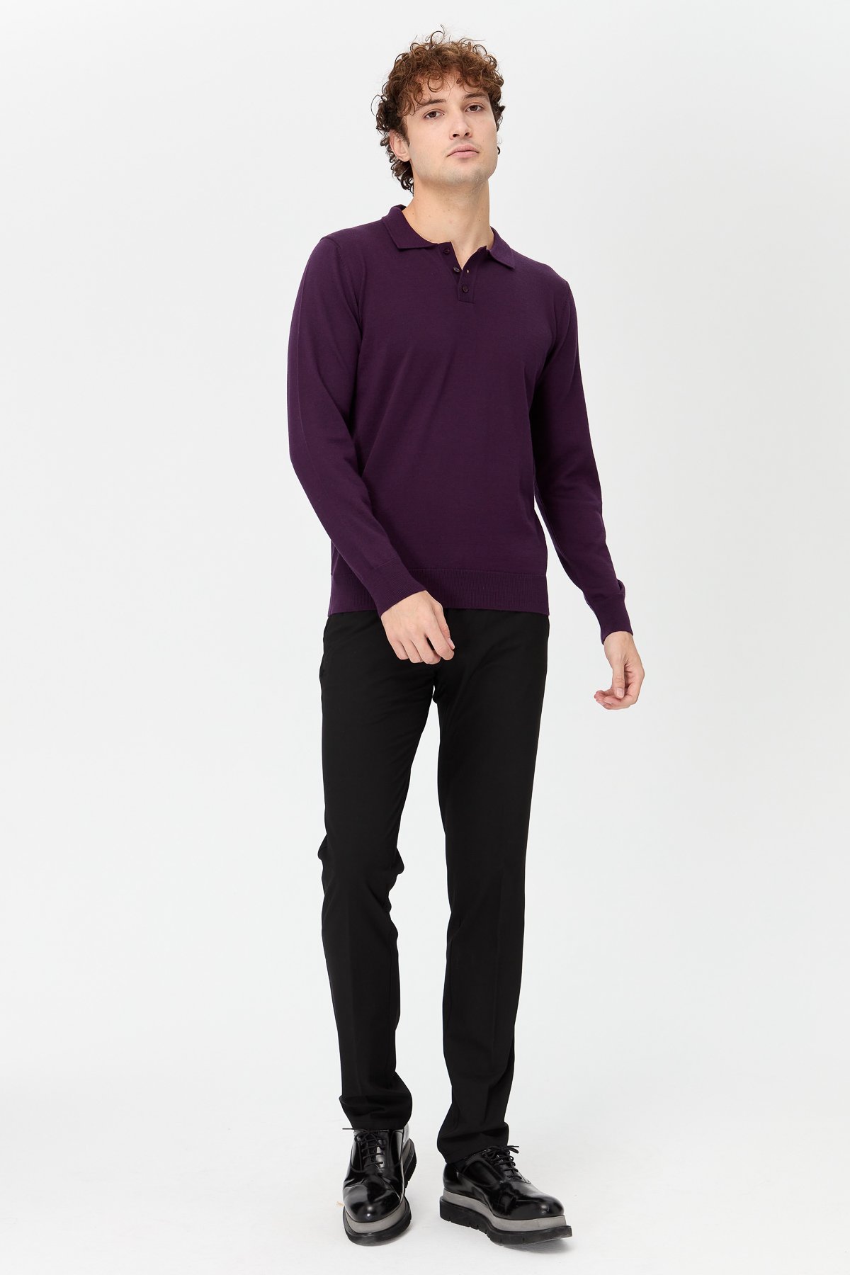 21601Erkek Basic Polo Yaka İnce Triko Kazak K.Mor