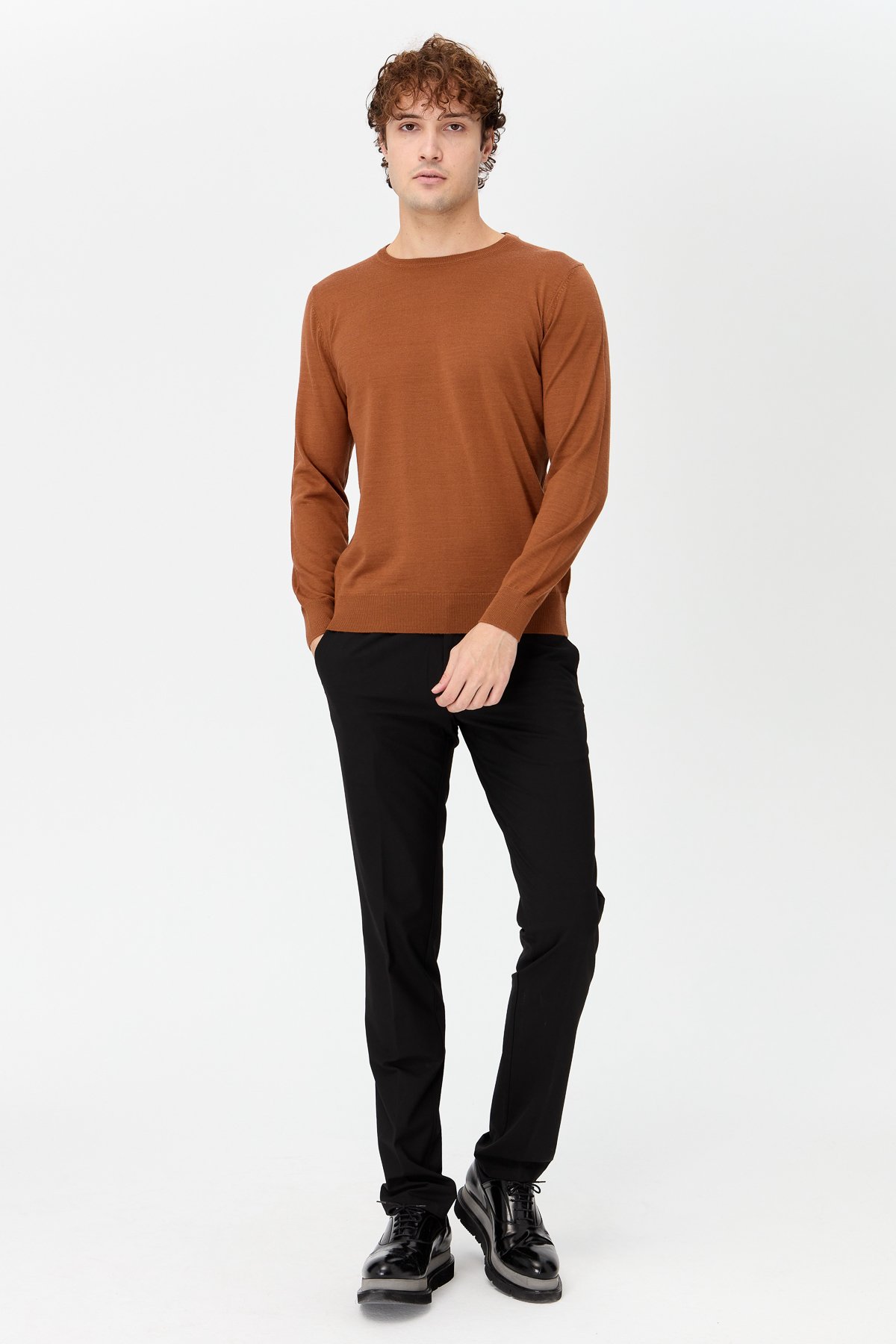 21603Erkek Basic Sıfır Yaka İnce Triko Kazak K.taba