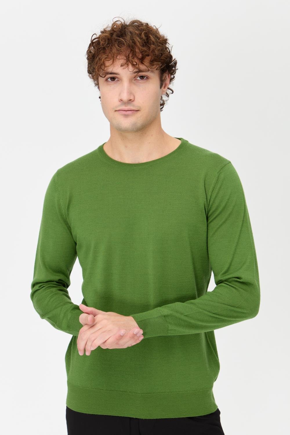 21603Erkek Basic Sıfır Yaka İnce Triko Kazak K.Yosun