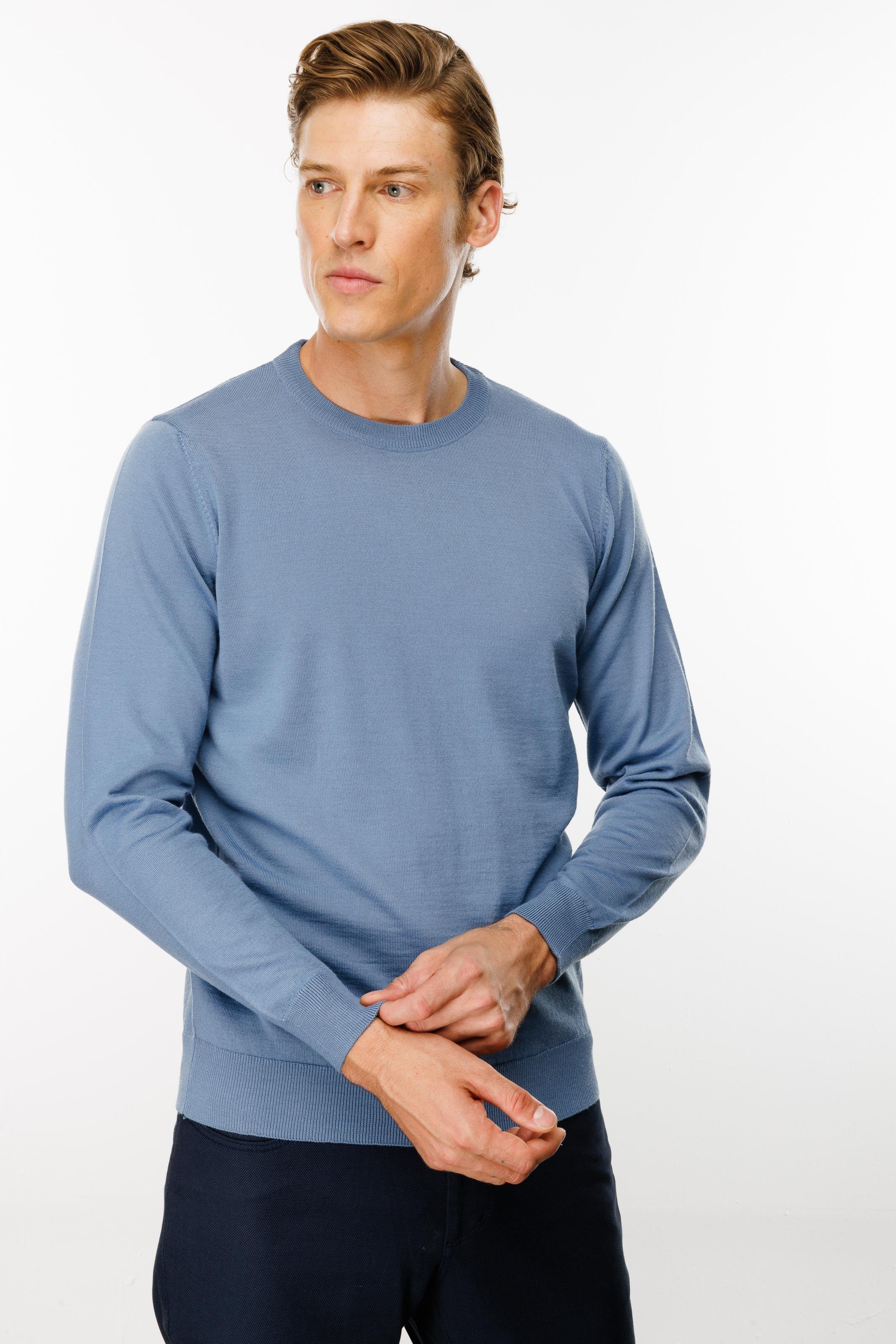 21603Erkek Basic Sıfır Yaka İnce Triko Kazak H.Mavi