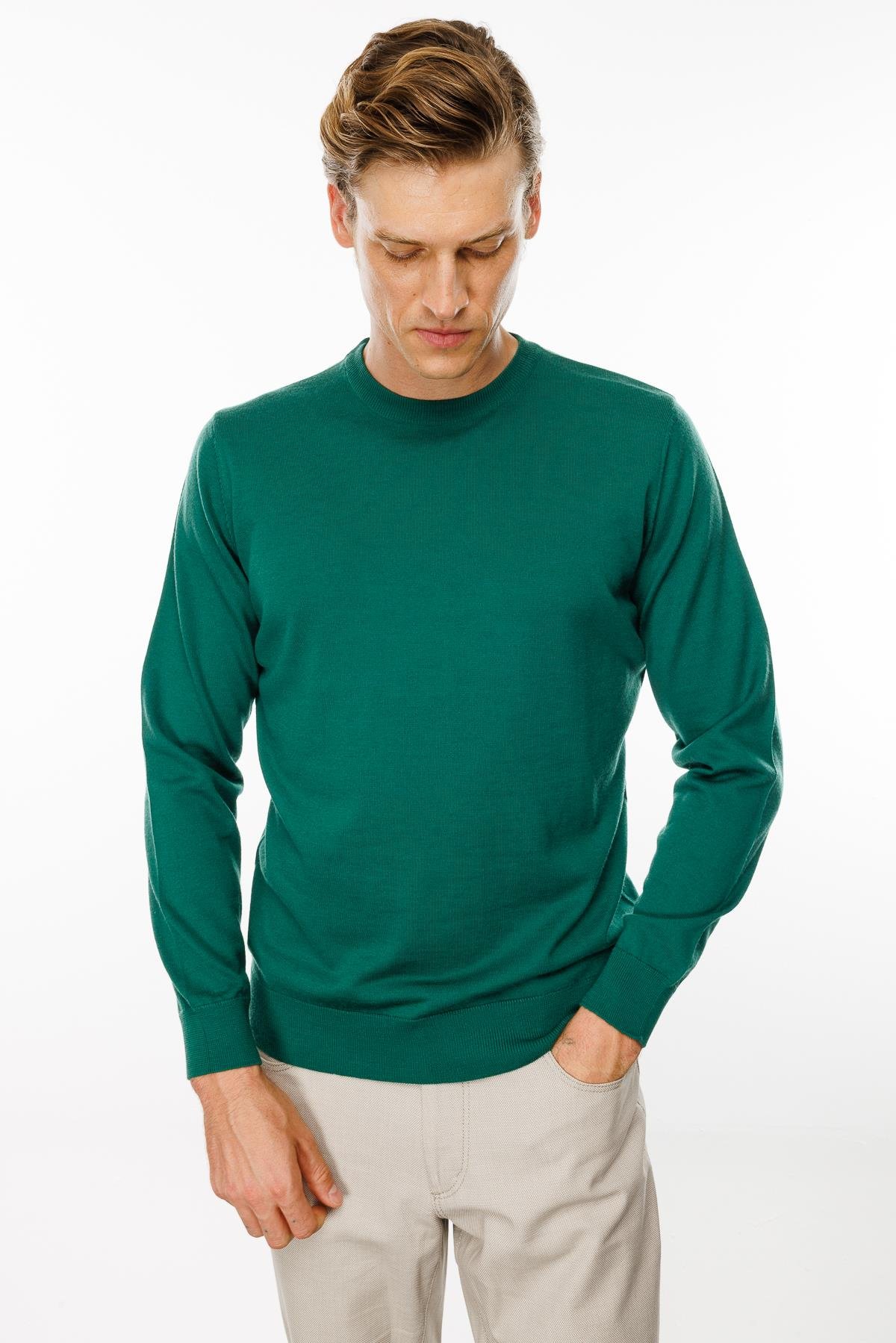 21603Erkek Basic Sıfır Yaka İnce Triko Kazak Ördek Yeşil