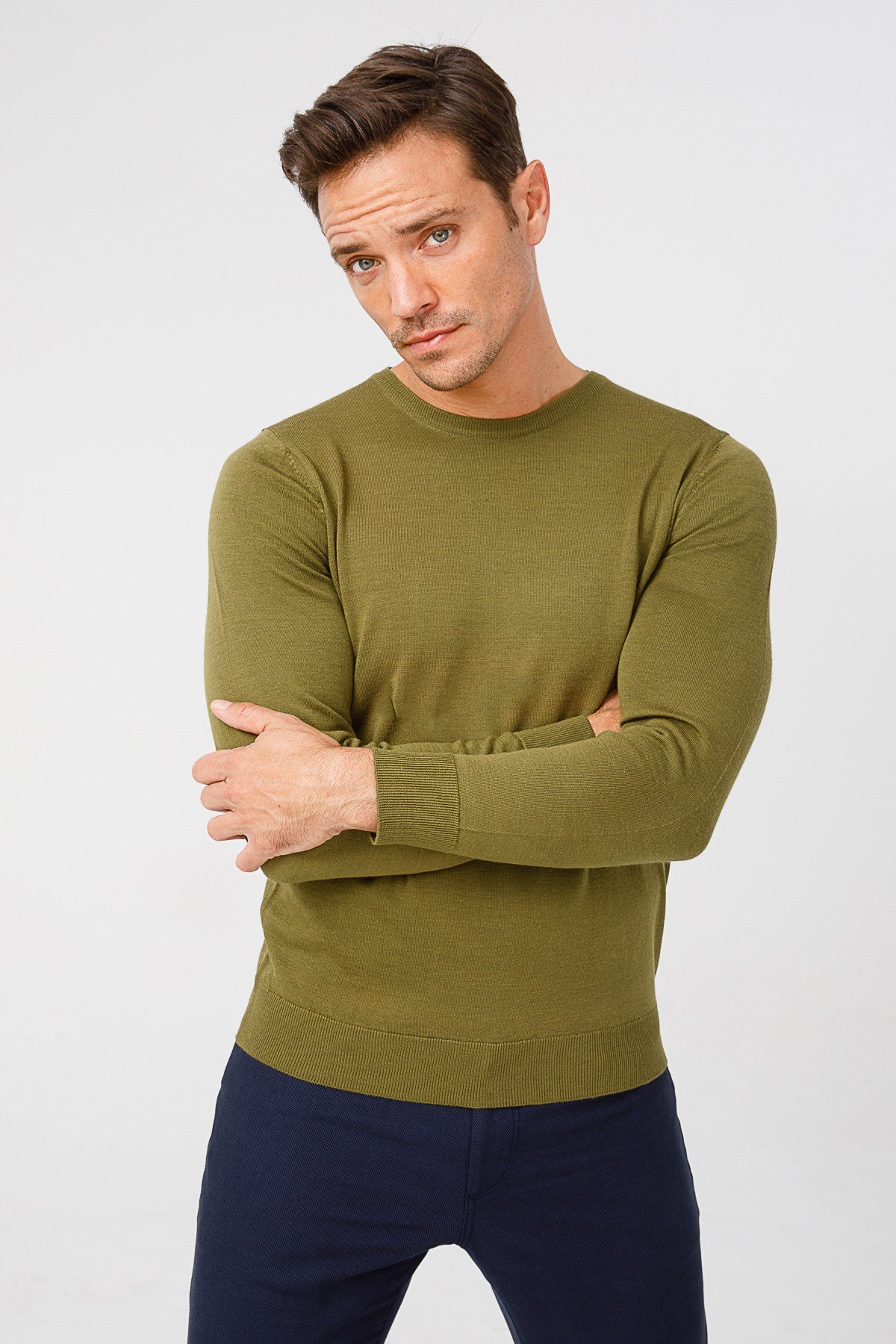 21603Erkek Basıc Sıfıryaka İnce Triko Kazak Haki