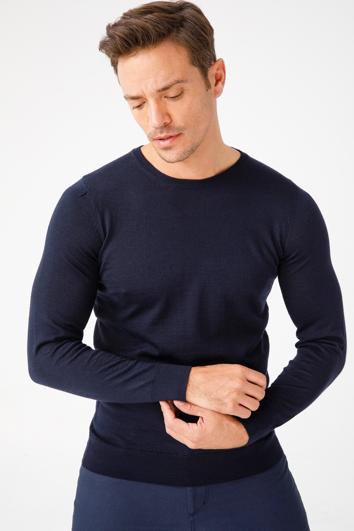 21603Erkek Basıc Sıfıryaka İnce Triko Kazak Koyu Lacivert