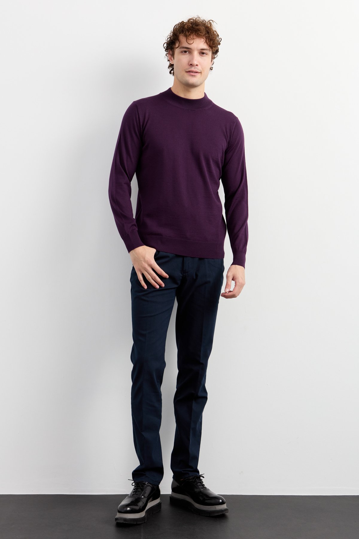 21604Erkek Basic Yarım Balıkçı İnce Triko Kazak K.Mor