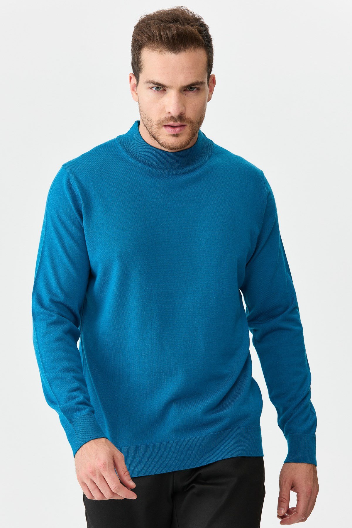 21604Erkek Basic Yarım Balıkçı İnce Triko Kazak A.Petrol