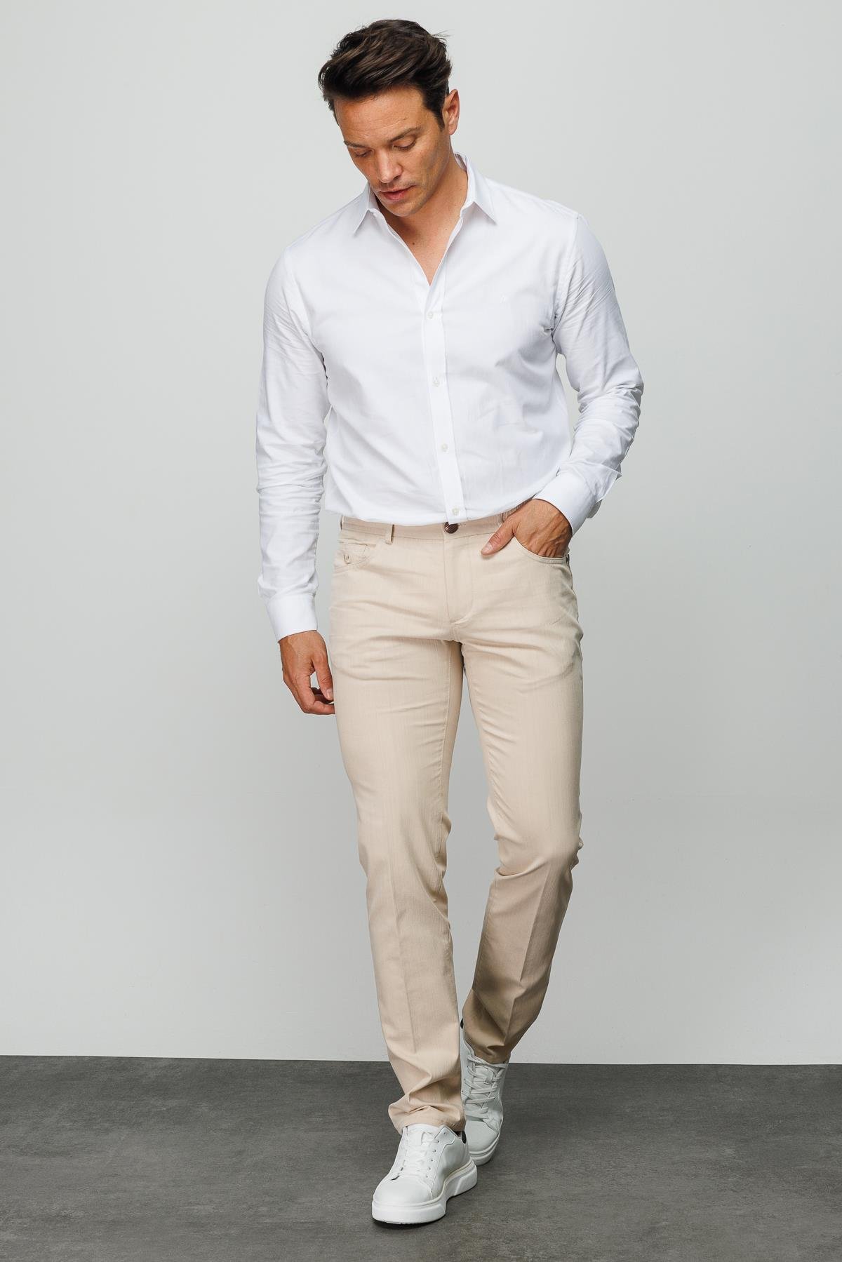 DNM.S23.106Erkek Beli Lastikli 5 Cepli Koton Pantolon Bej