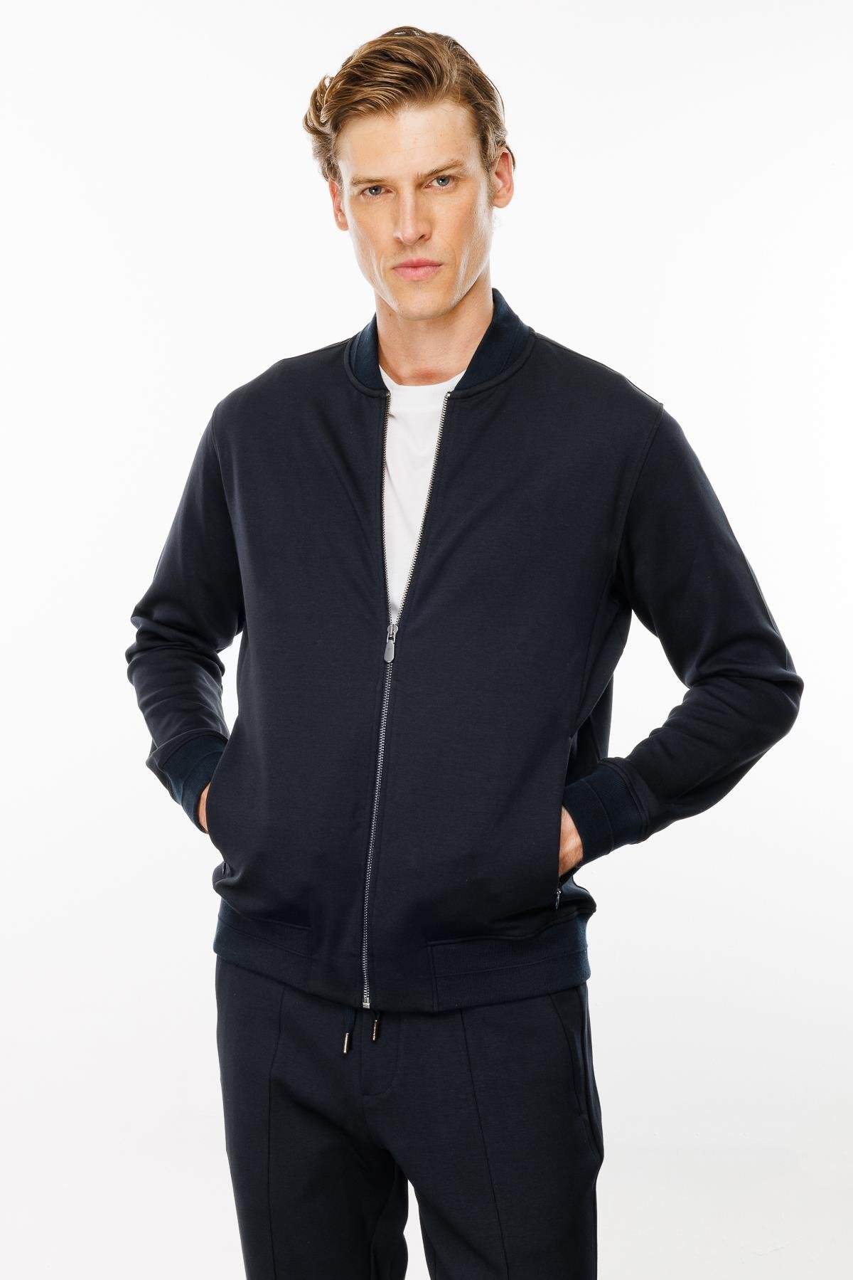 24454Erkek Cepleri Fermuarlı Eşofman Üstü Lacivert