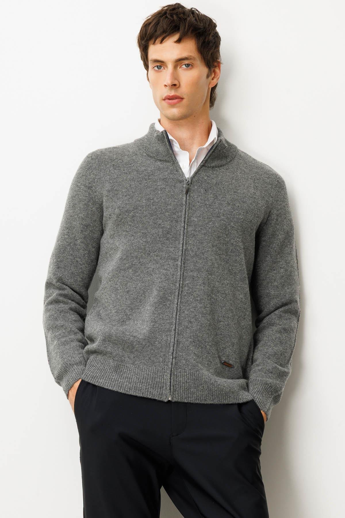 23530Erkek Dik Yaka Basic Yün Triko Mont Füme