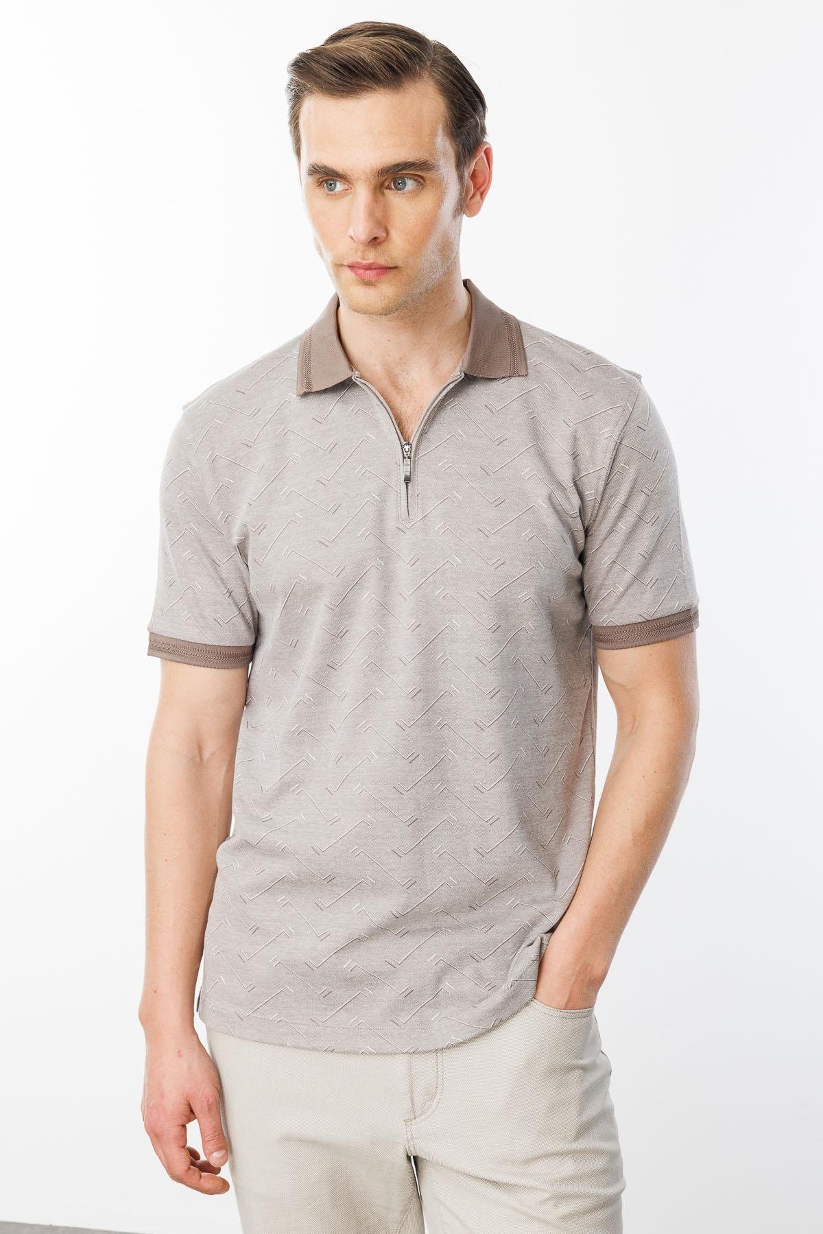 605Erkek Fermuarlı Jakarlı T-shirt Bej