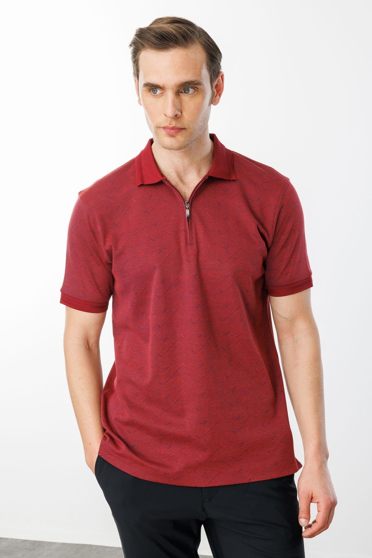 605Erkek Fermuarlı Jakarlı T-shirt Bordo